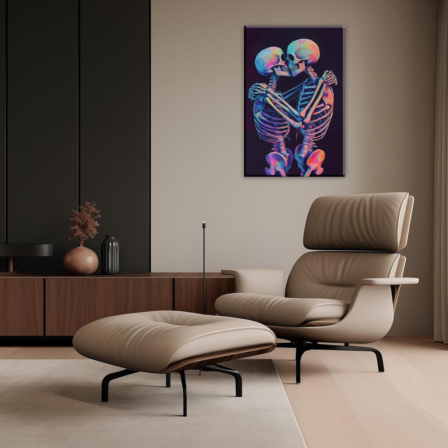 Skeleton Wall Art Kissing Skull Art Poster Skeleton Lover Picture Print On Canvas Abstract Horrible Theme Painting Framed Artwork Living Room Decor(Artwork-3,24"x36")