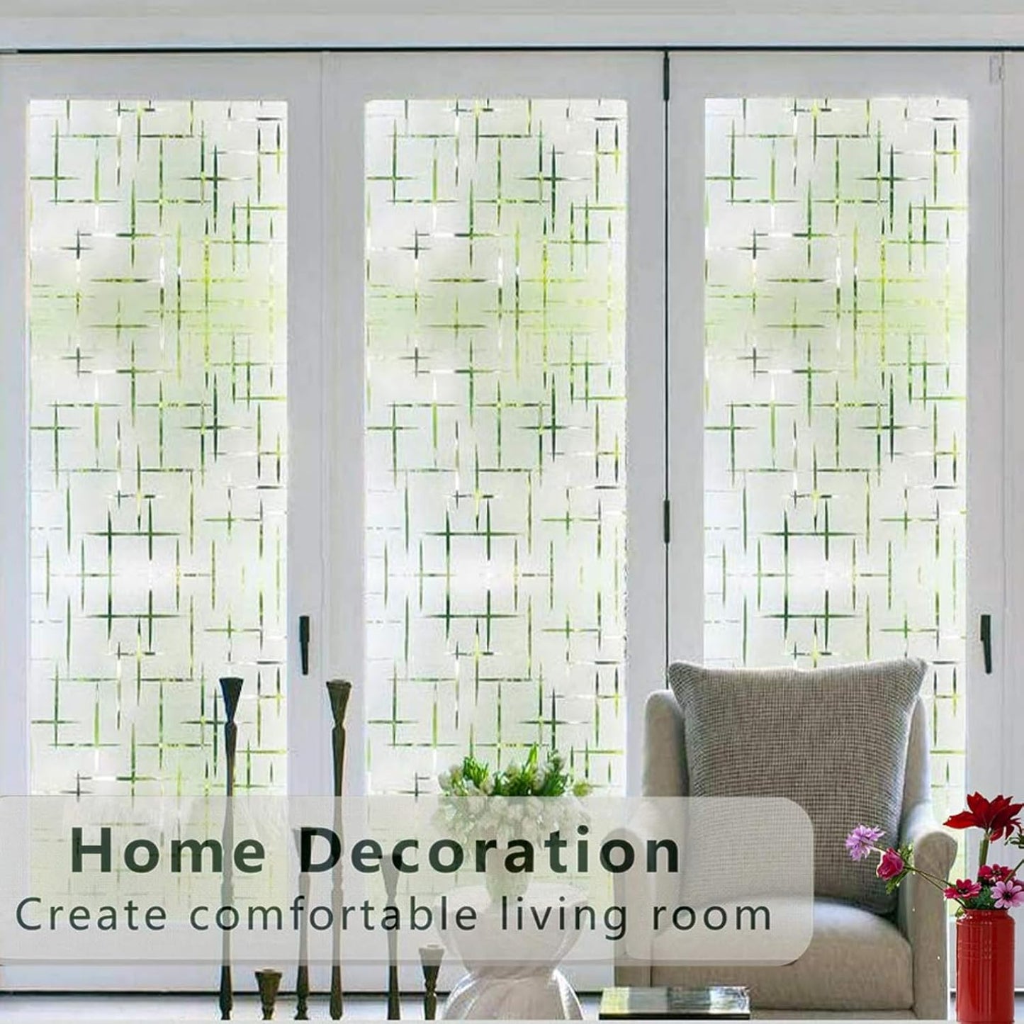 Finnez Frosted Window Film Non-Adhesive, Frosting Privacy Film for Glass Windows, Self Static-Cling Decorative Window Cling for Home Office UV Protection Cross Pattern 45.2 x 157.4 inches
