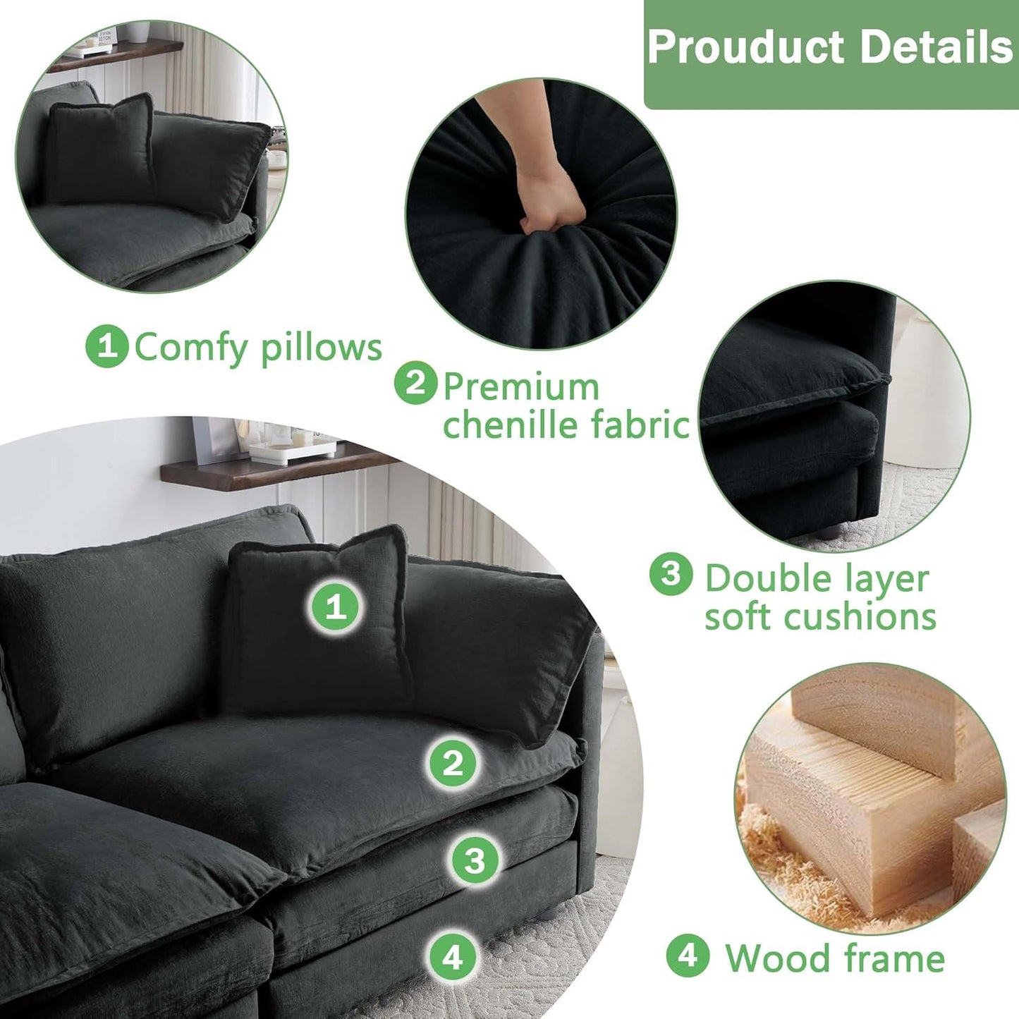 Sectional Sofa 3 Seater with Movable 2 Ottomans,Oversized Modular Couch Deep Seat (Black, 111.5 inch-U)