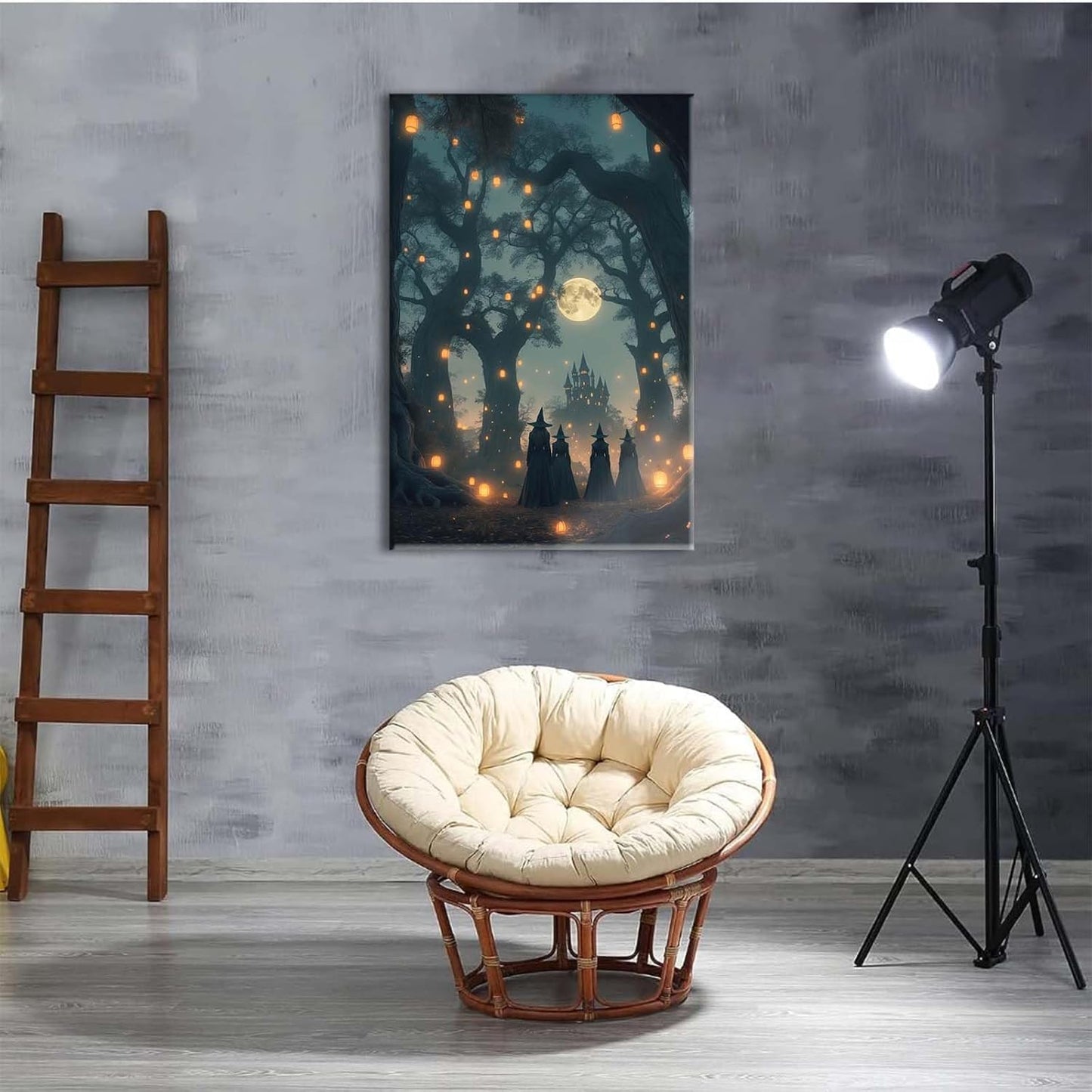 Mysterious creek painting witch and castle in magic forest art print canvas gothic print dark college decoration poster for home bedroom12x16in Wood Framed