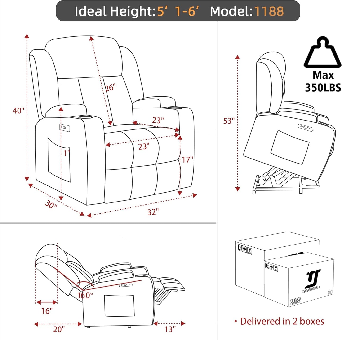 Power Lift Recliner Chair for Elderly with Massage and Heat, Recliner Chairs for Adults, Upgraded Fabric Reclining Sofa Chair with USB & Type-C Ports and Cup Holders, L1188(Grey)