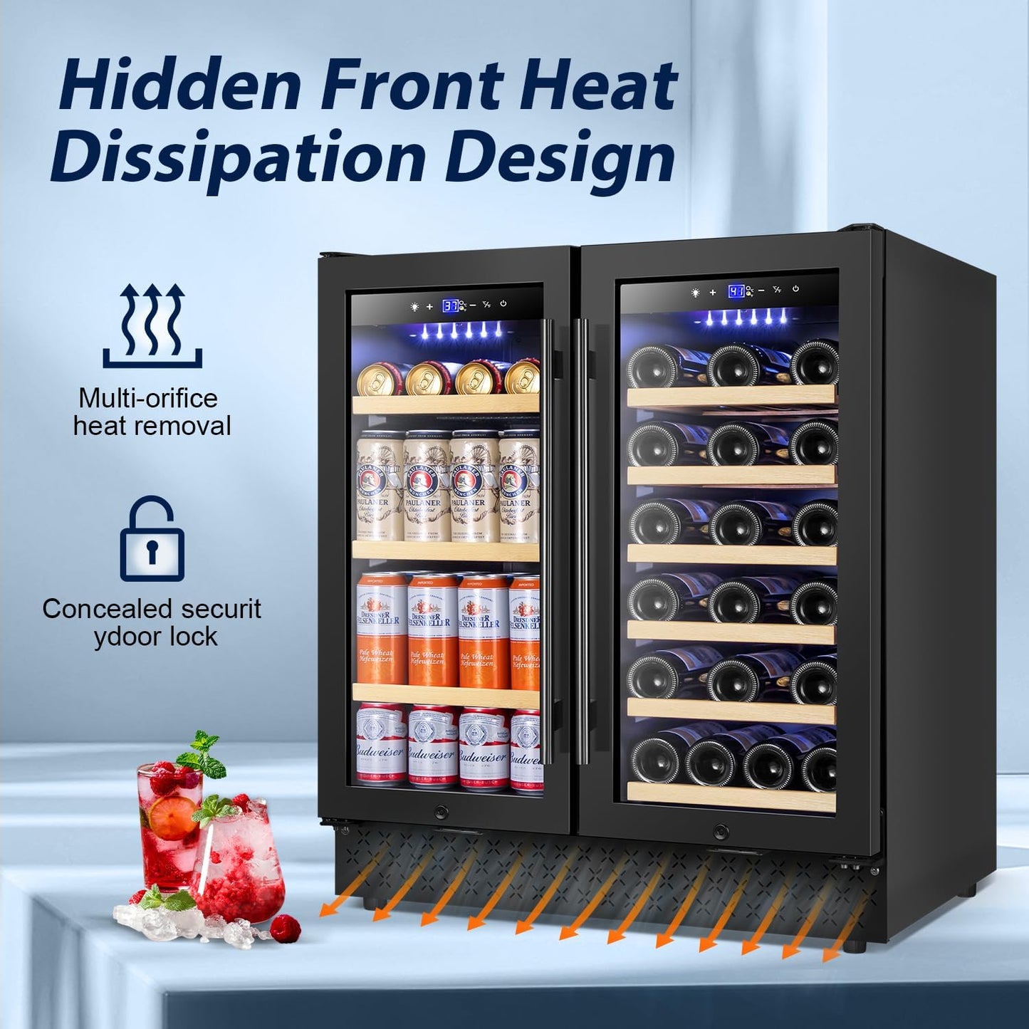 Tylza 30 Inch Wine and Beverage Refrigerator, Dual Zone Wine Beverage Cooler 30" with French Door, Under Counter Wine Beer Fridge Built-In or Freestanding, Holds 29 Bottles and 110 Cans, Black