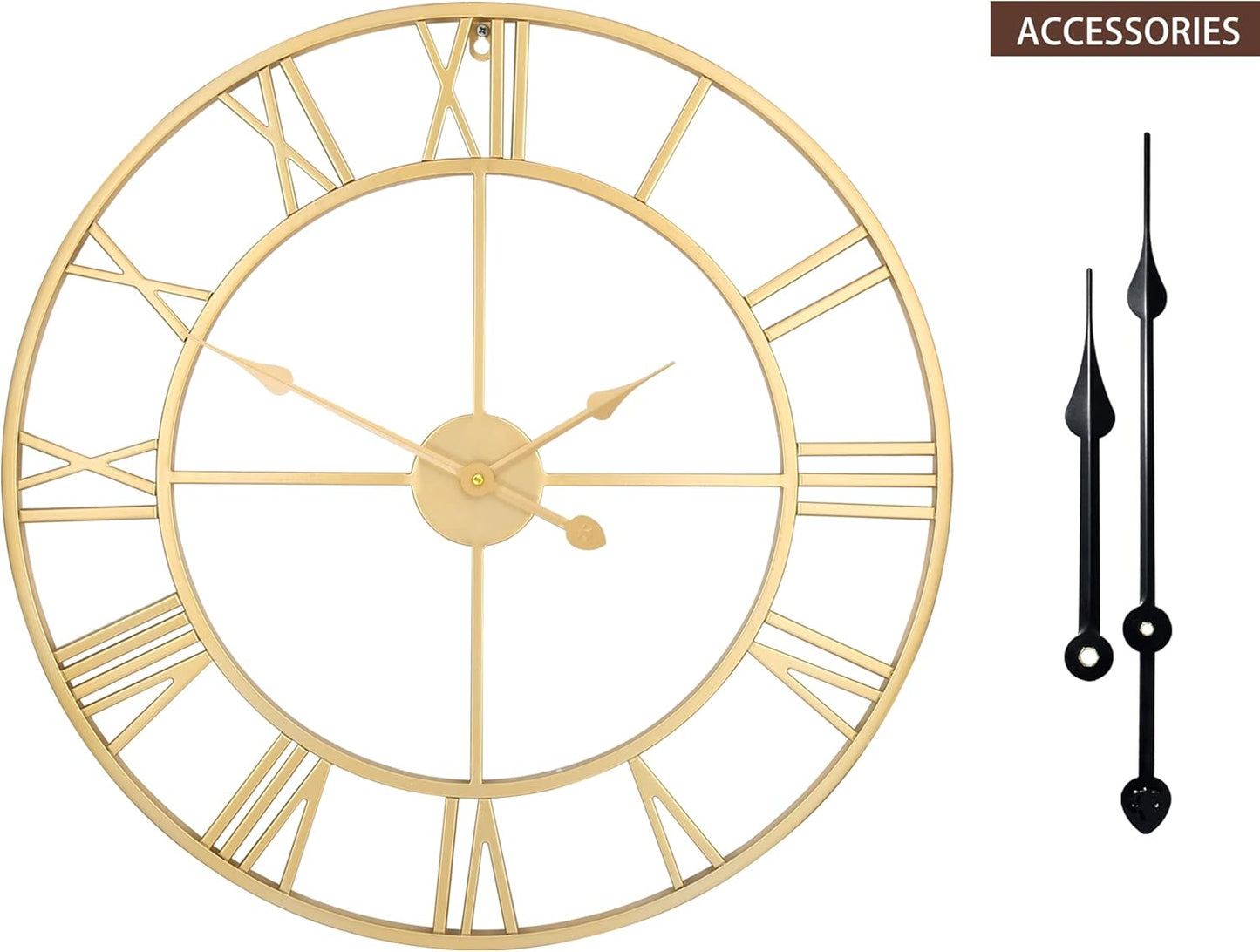 Large Modern Metal Wall Clocks Rustic Round Silent Non Ticking Battery Operated Roman Numerals Clock for Living Room/Bedroom/Kitchen Wall Decor-(Gold, 40cm)