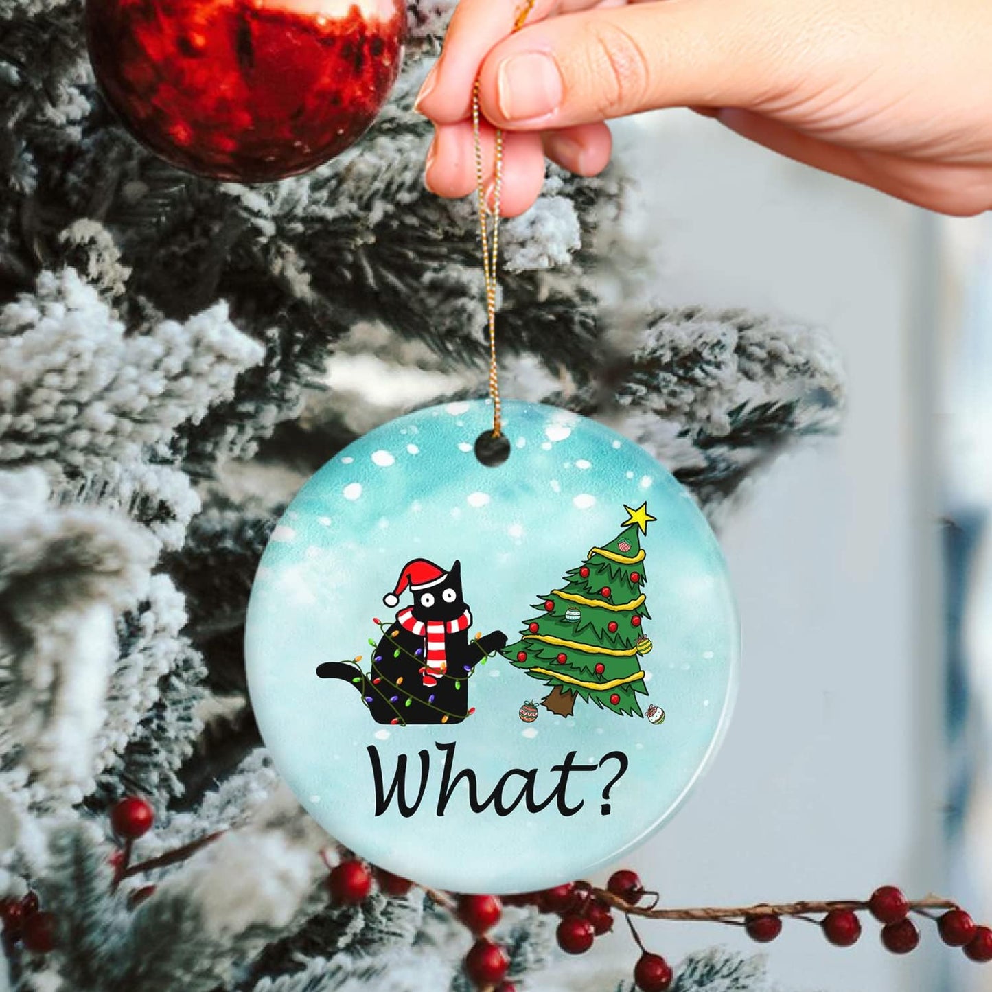 OASSIE Funny Black Cat Gifts for Women Men - Ceramic Christmas Ornaments 2025 for Tree Decorations - Christmas Cat Lover Gifts for Women Animal Lovers, Funny Ornaments, White Elephant Gift Ideas