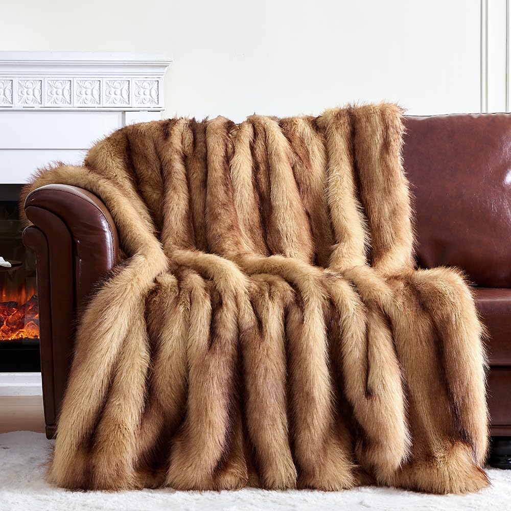 Fluffy Faux Fur Throw Blanket – Super Soft Warm Thick Plush Blanket for Bed, Couch & Office, Cozy Fuzzy Throw with Flannel Backing,50"x60", Brown