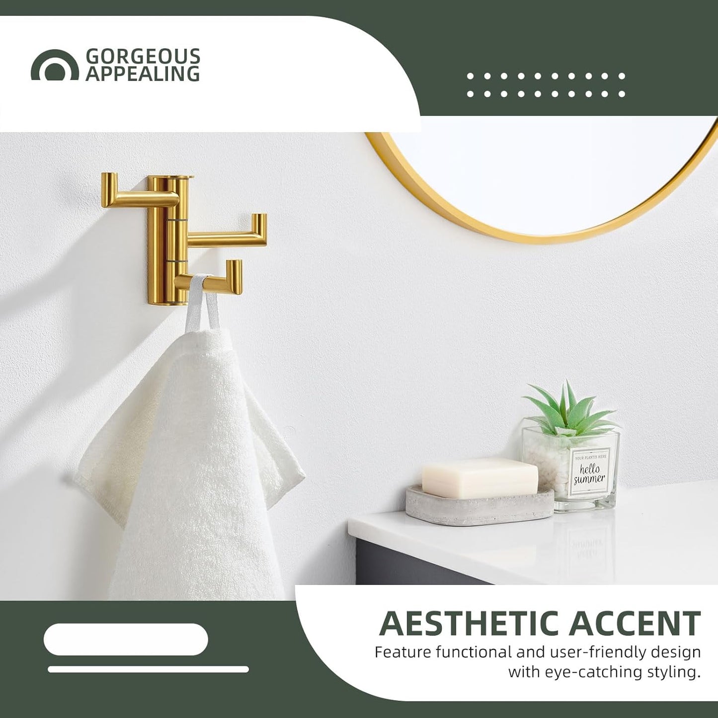Angle Simple 3 Arms Towel Hook Brushed Gold, 304 Stainless Steel Swivel Triple Towel Holder, Folding Bathroom Hook, Wall Mount