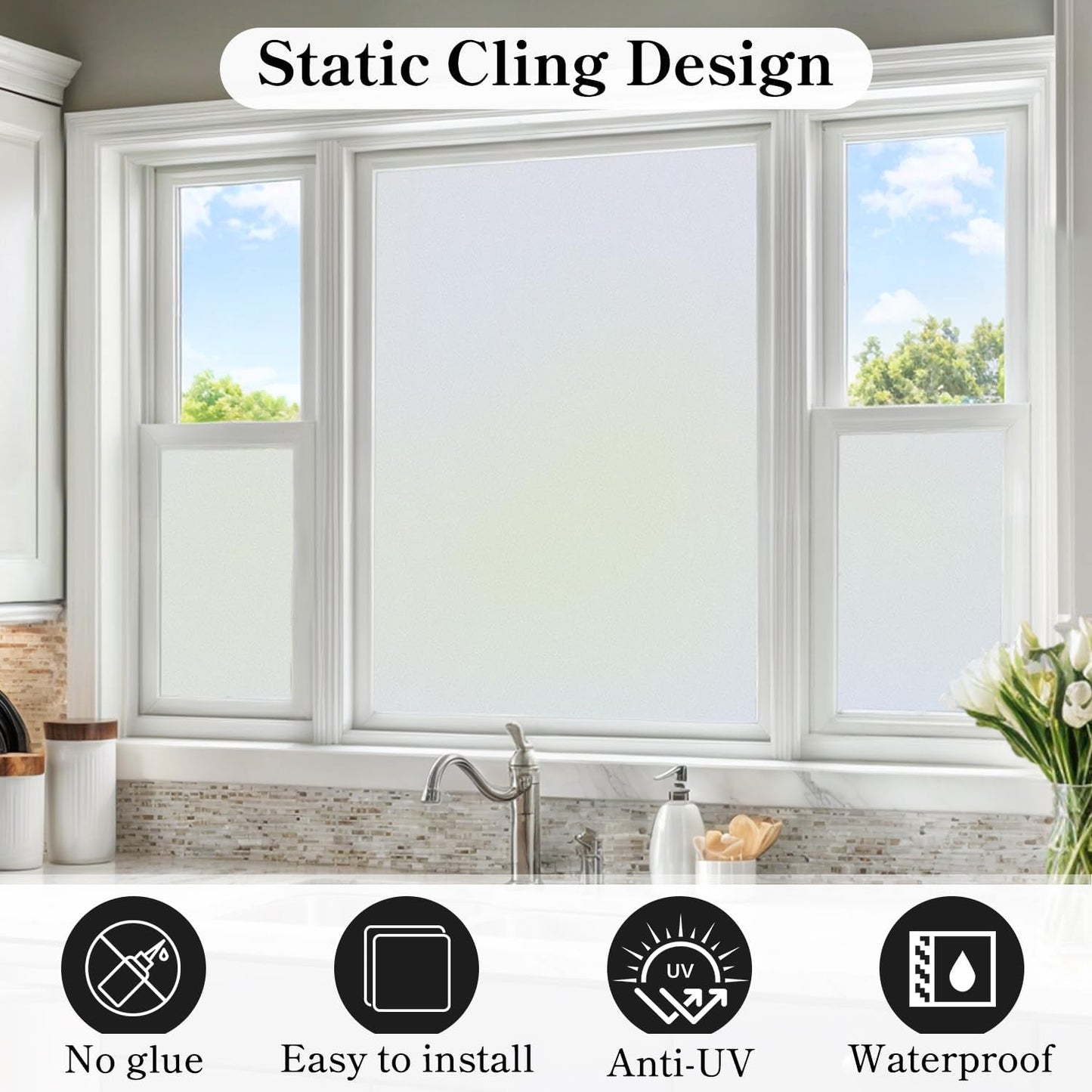 DUOFIRE Privacy Window Film Frosted Glass Film Matte White Static Cling Glass Film No Glue Anti-UV Window Sticker Non Adhesive for Privacy Office Meeting Room Bathroom Living Room DS001W 23.6x78.7in