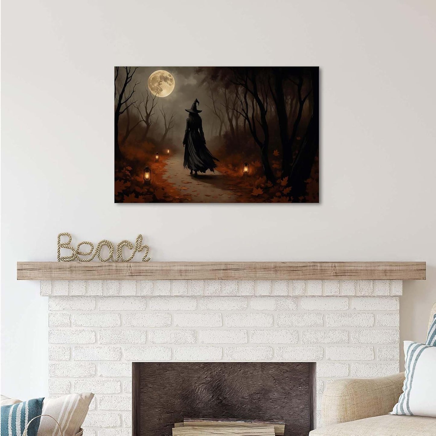 JFHCQJPK Moonlight witch poster dim lantern Halloween decoration Gothic style dark retro college style canvas wall art suitable for living room bedroom16x24in Frameless