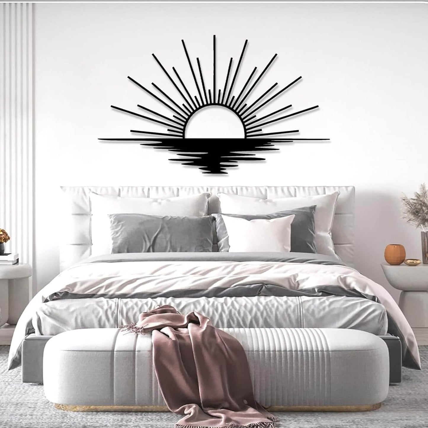 Sunrise Metal Wall Art, Metal Sun Wall Decor, Sun Outdoor Wall Art, Abstract Sunrise Wall Decor, Boho Home Hanging, Living Room Wall Hanging (White, 24"x14"/60x36cm)