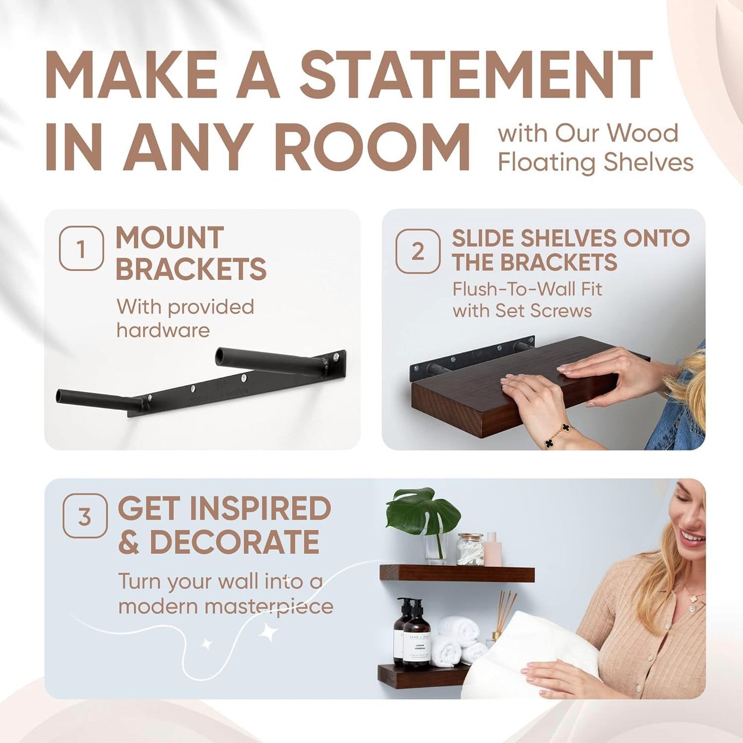 Homeforia Walnut Floating Bathroom Shelves, High End Solid Real Wood 16 inch Small Floating Shelf for Wall Mounted, Dark Brown 16inch Floating Shelves, Heavy Duty Bracket, 16 X 6.5 X 1.75 in, Set of 4
