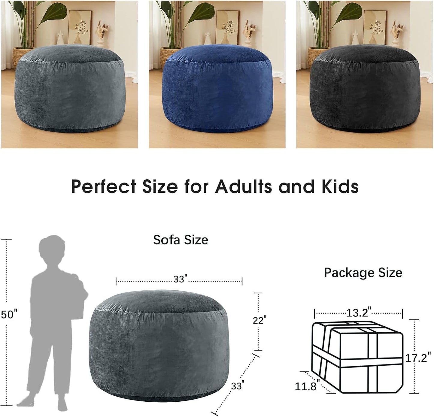 3 Feet Bean Bag Chair - BeanBag Chairs for Adults, Living Room Furniture Sofa with Soft Micro Fiber Cover, Round Fluffy Couch for Bedroom College Dorm - Grey