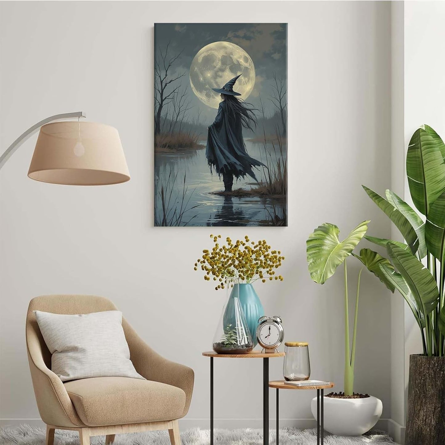 JFHCQJPK Witch in the moonlight magic canvas wall art enchanting Halloween home decor swamp witch silhouette oil painting mysterious gothic aesthetic wall decor print poster16x24in Frameless