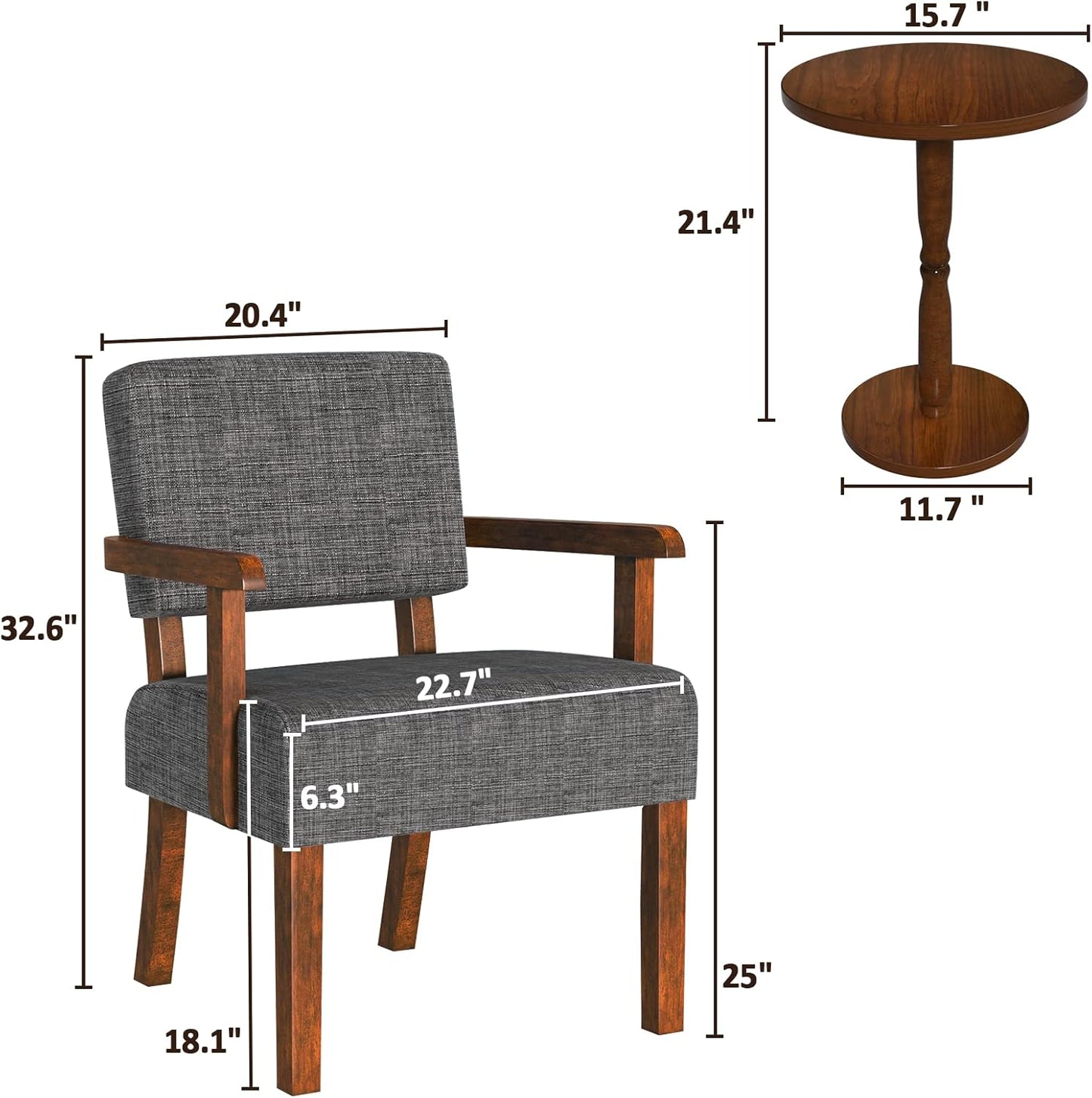 Accent Chair Set of 2 with Table, Living Room Chairs with Soft Seat and Armrests for Living Room Bedroom Reading Room Waiting Room, Grey (AC01)