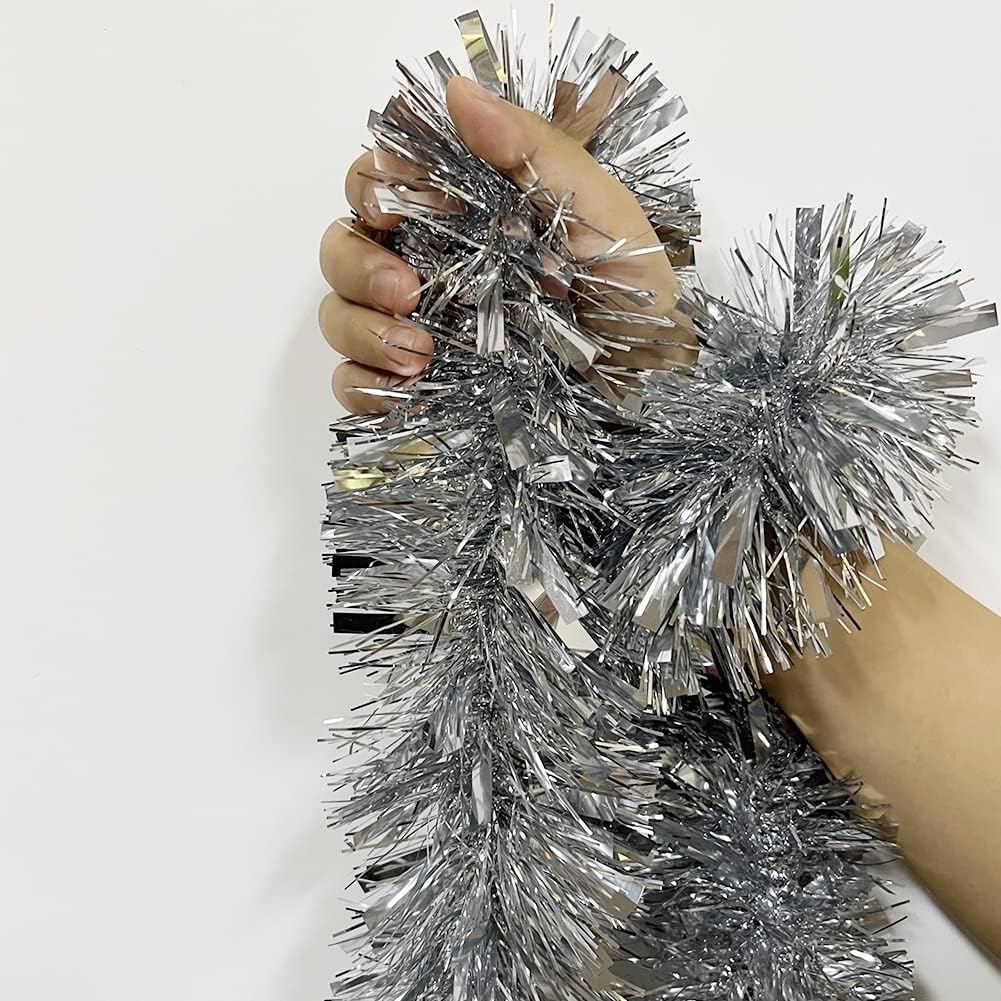 25 ft Long Roll Silver Tinsel Twist Garland, Shiny Metallic Foil Decorations for Parade Floats, Halloween, Christmas Eve, New Year Parties (4" x 25' roll, Silver)