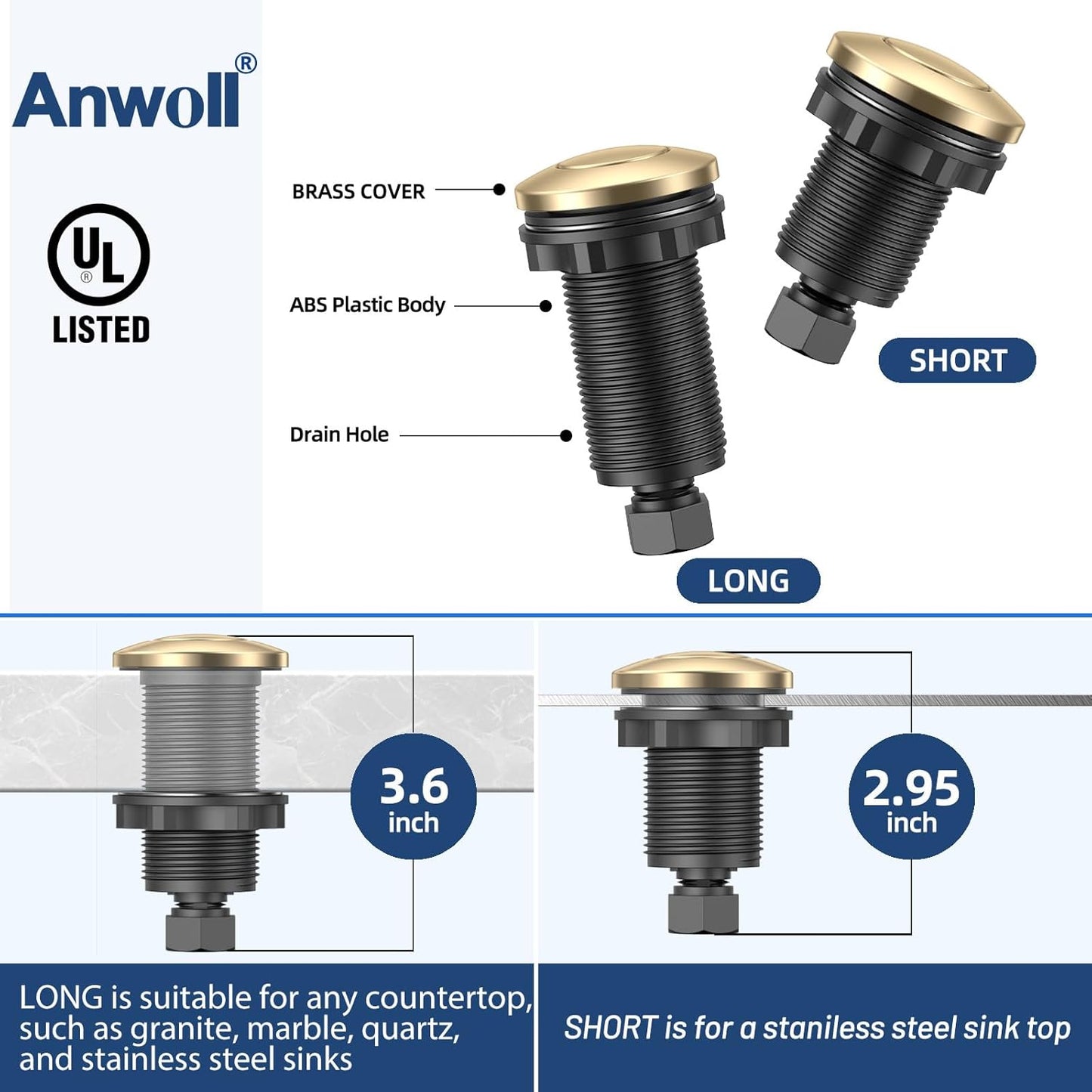 Garbage Disposal Air Switch Kit -Professional- Dual Outlet, Sink Top Waste Disposer On/Off, Garbage Disposal Button, UL Listed