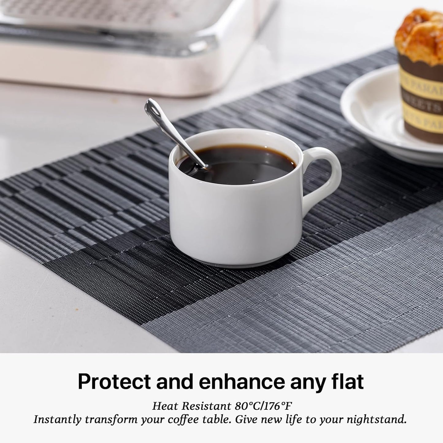 LEXMORE Placemats Set of 12 Vinyl/Plastic Woven Place Mats for Kitchen Table Indoor/Outdoor Washable Placemat Wipeable Dining Table Mats(E-Silver Gray Black)