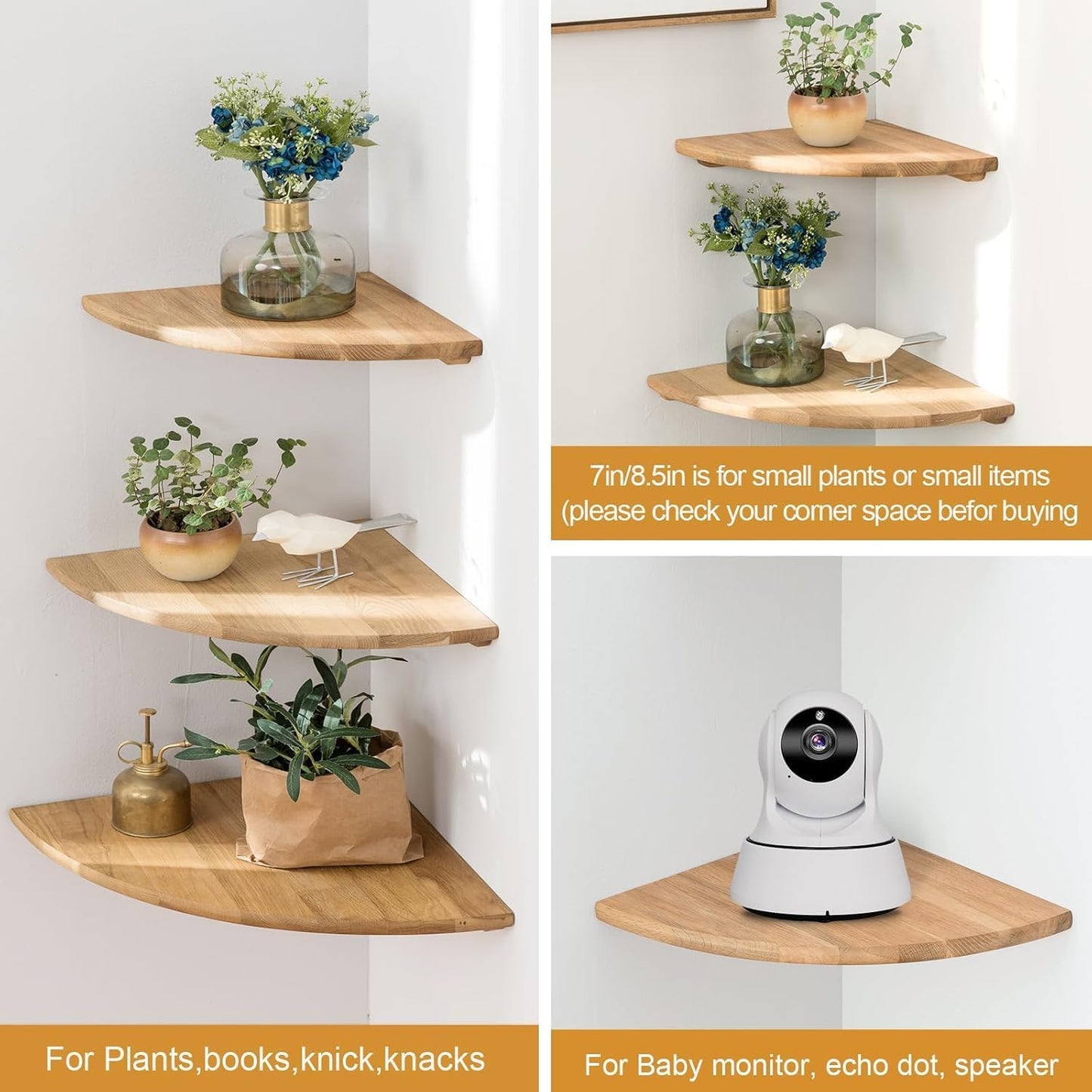 Corner Shelves, Floating Corner Shelf, Set of 2 Solid Oak Wood Wall Shelves, Round End Wall Mount with Wire Hole Shelving for Small Plant for Bedroom Kitchen, Living Room (Oak, 7.1in 2P)