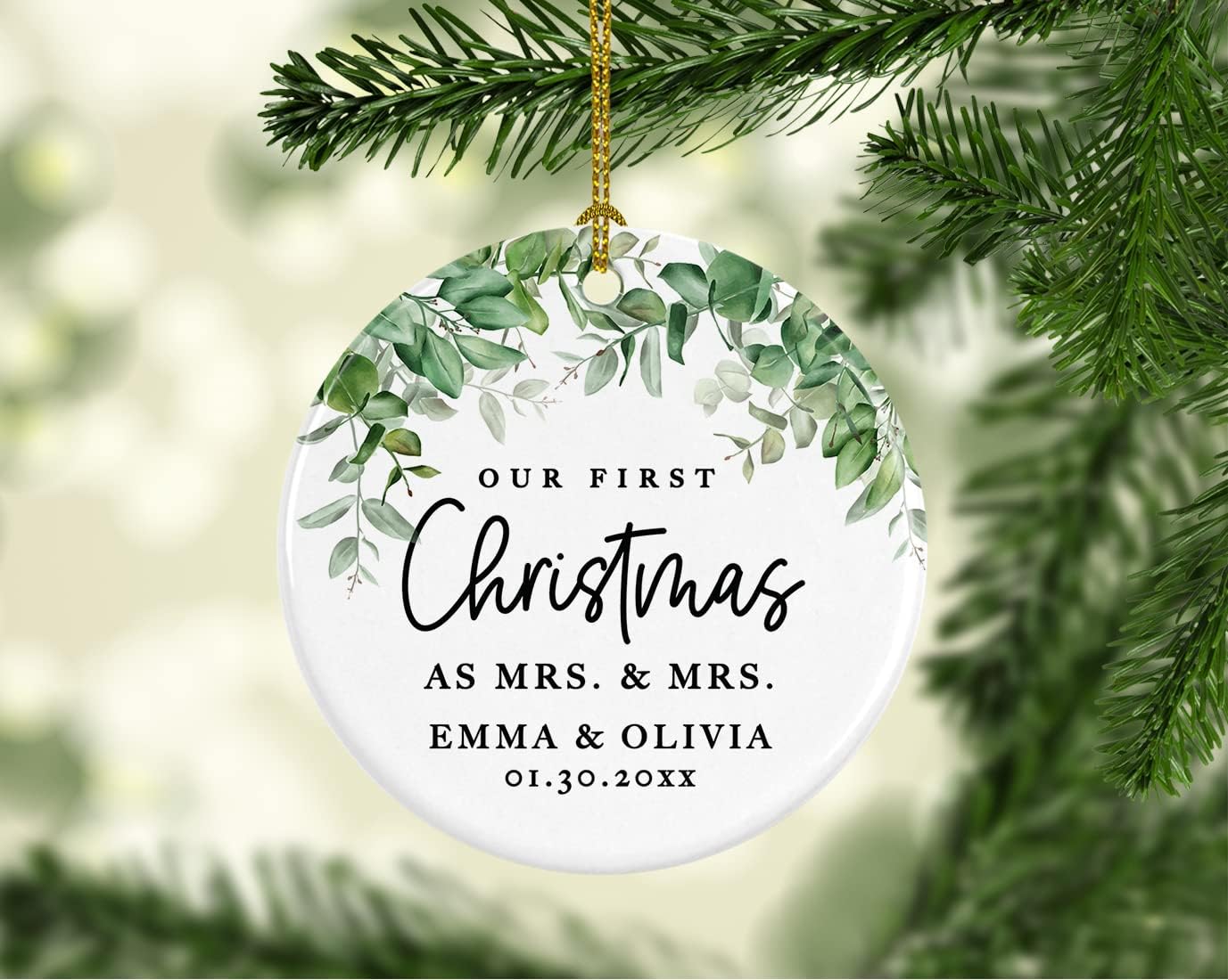 Andaz Press Personalized Our First Christmas As Mrs. & Mrs. 2025 Christmas Ornaments Greenery 2.8" Round Porcelain Ceramic Lesbian Married Couple Gay Women Newlyweds Hers Wedding Keepsake 1-Pack