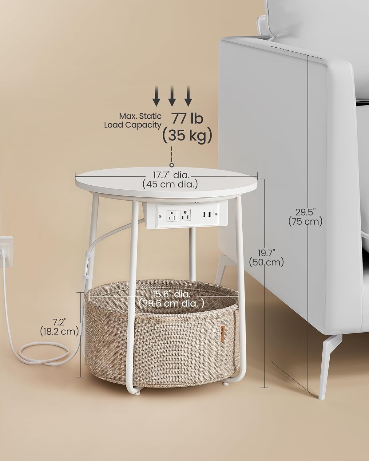 VASAGLE Side Table with Charging Station, Round End Table with Fabric Basket, Nightstand with Power Outlets, USB Ports, for Living Room, Bedroom, Modern, Matte White and Camel Brown ULET228W01