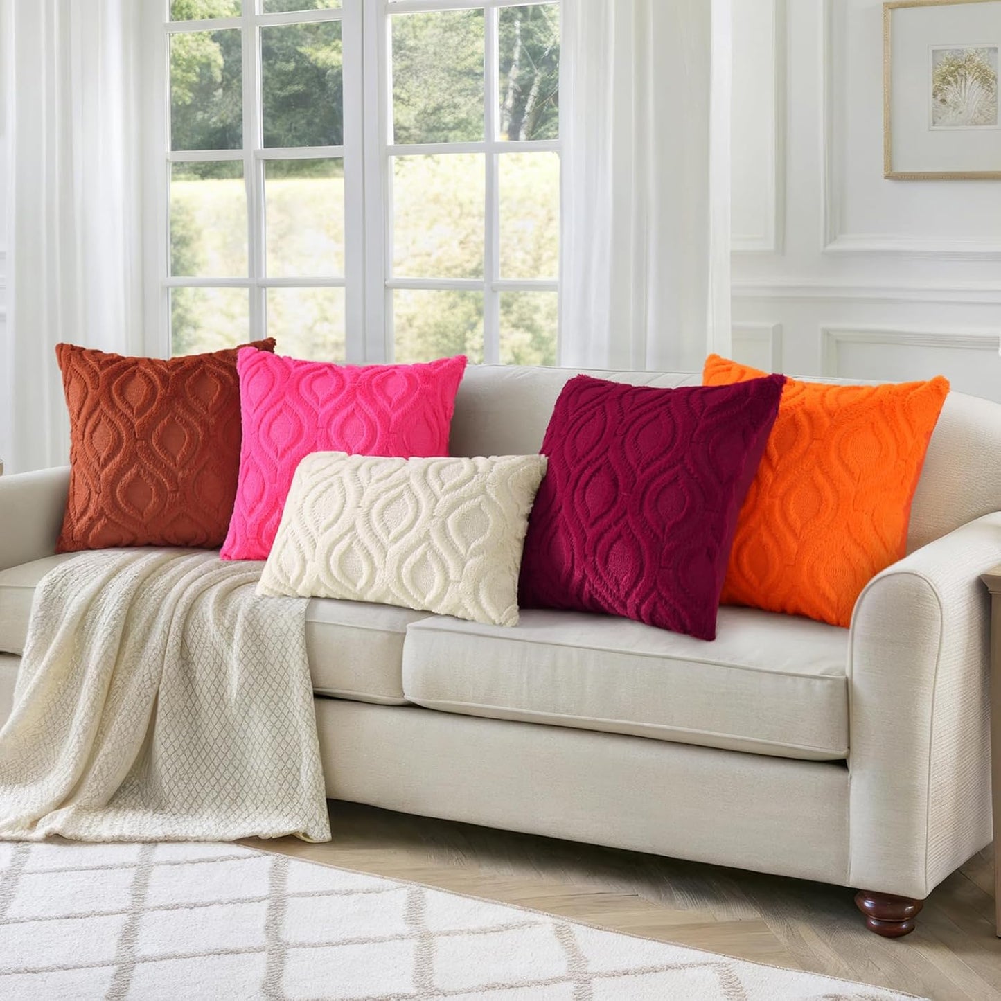 decorUhome Fall Throw Pillow Covers 12x20 Inch Set of 2, Soft Plush Decorative Faux Fur Orange Solid Couch Pillow Covers, Accent Farmhouse Neutral Lumbar Euro Pillow Cases for Sofa Bed Living Room