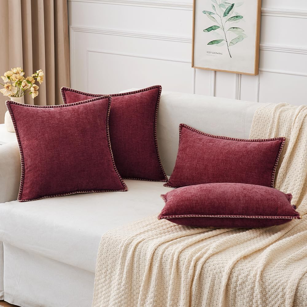 MIULEE Pack of 2 Christmas Pillow Covers 18x18 Inch Burgundy Red Farmhouse Decorative Throw Pillow Covers with Stitched Edge Soft Chenille Solid Dyed Couch Pillow Covers for Sofa Bed Living Room