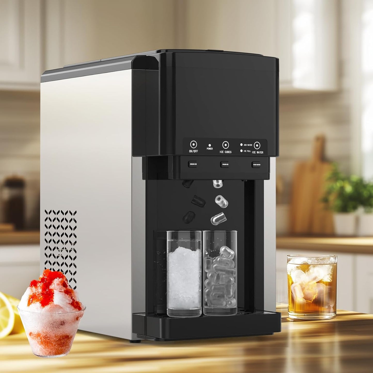 3 in 1 Water Dispenser with Ice Maker, Nugget Ice Maker Countertop, Bullet Ice, Crushed Ice, Water Cooler, 44Lbs/24H, 12 Ice Cube/6Min, Self-Cleaning, 4Lbs Ice Storage, Home, Kitchen, Party, RV