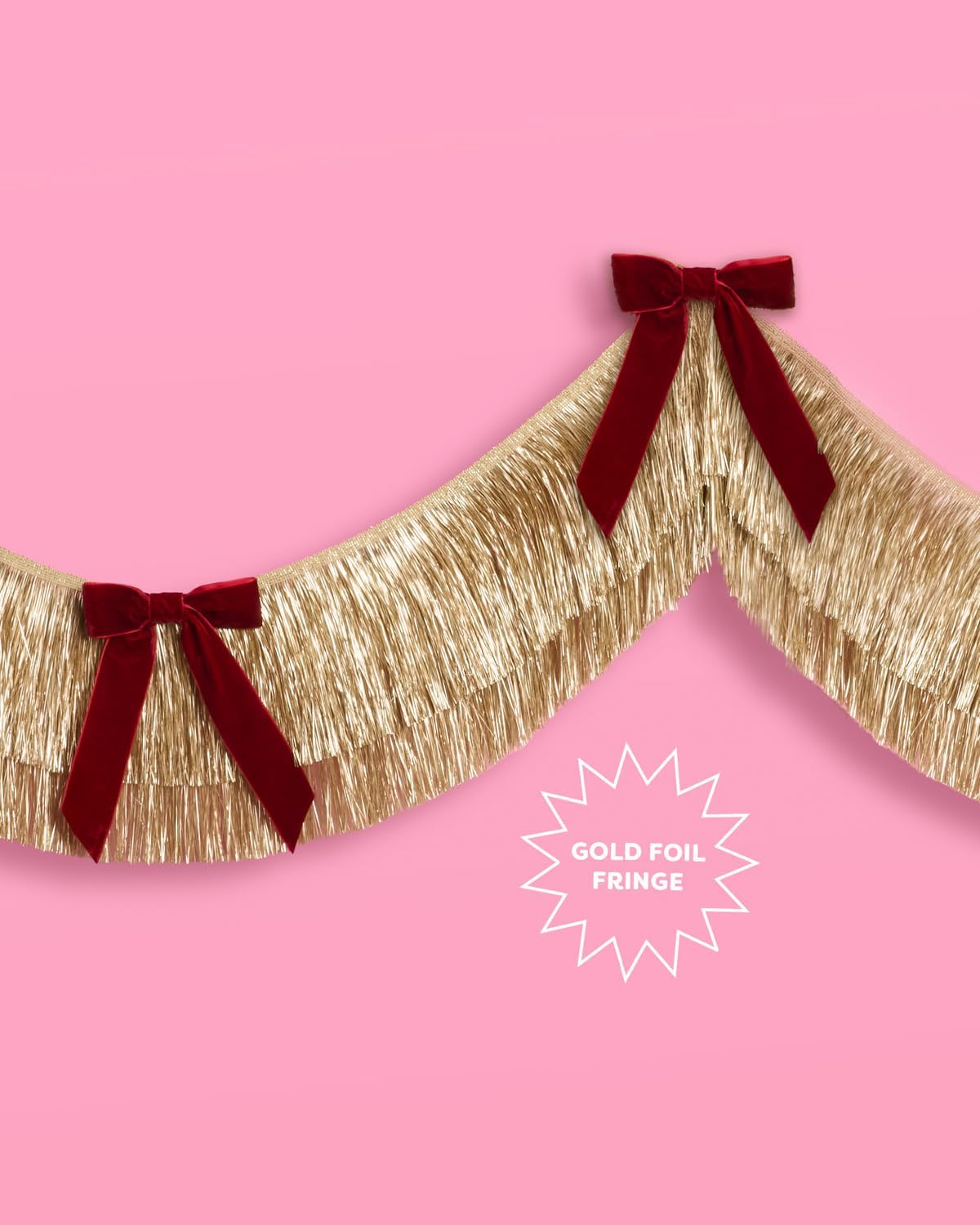 xo, Fetti Gold Fringe + Red Velvet Bow Banner 6 Ft. | Bachelorette Decoration, Christmas Party Sign, Bridal Shower Decor, Birthday Photoshoot Backdrop