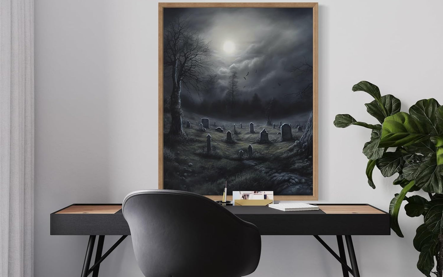 Gothic Graveyard Poster Art Print, Halloween Scary Vintage Wall Art Academia Spooky Painting Decoration for Horror Prints, Posters Bedroom Decor 89 (Gothic Graveyard, 16 x 20 inches, Wood Frame)