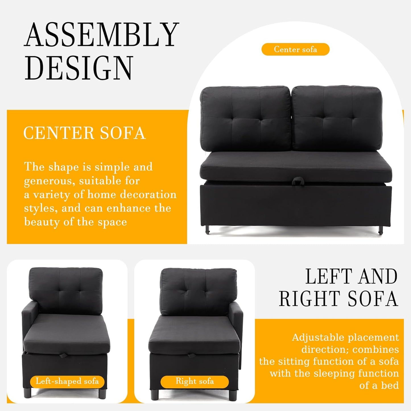 Pull Out Couch, Oversized Sleeper Sofa Couch, Sectional Sleeper Sofa Bed for Living Room Bedroom Lounge (Black, 110 Inch)