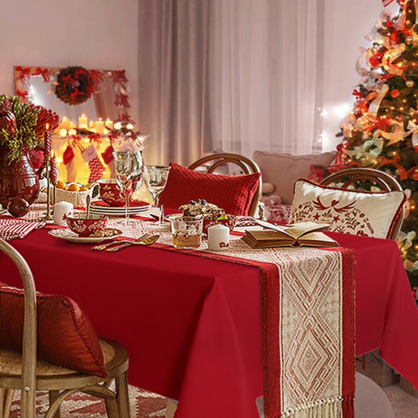 sancua Rectangle Tablecloth - 60 x 102 Inch - Stain and Wrinkle Resistant Washable Polyester Table Cloth, Decorative Fabric Table Cover for Dining Tables, Buffet Parties and Camping, Red