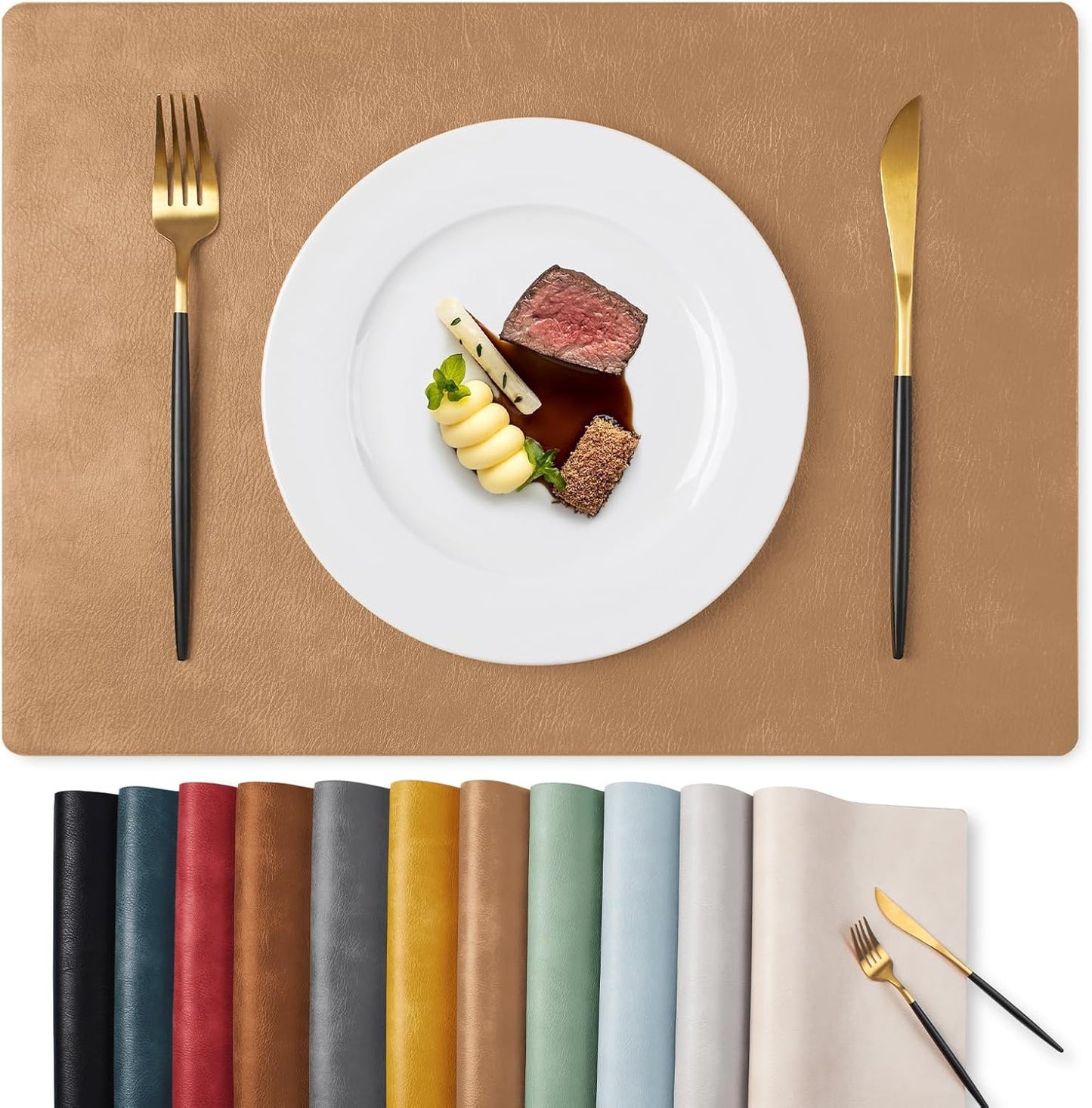 MOSAYT Vinyl Placemats Set of 12-12 X 17 Inch - Faux Leather 100% Waterproof Oil-Proof Wipeable PU Place Mats, Heat Resistant Reversible Table Mats for Kitchen, Dining, Outdoor (Camel)