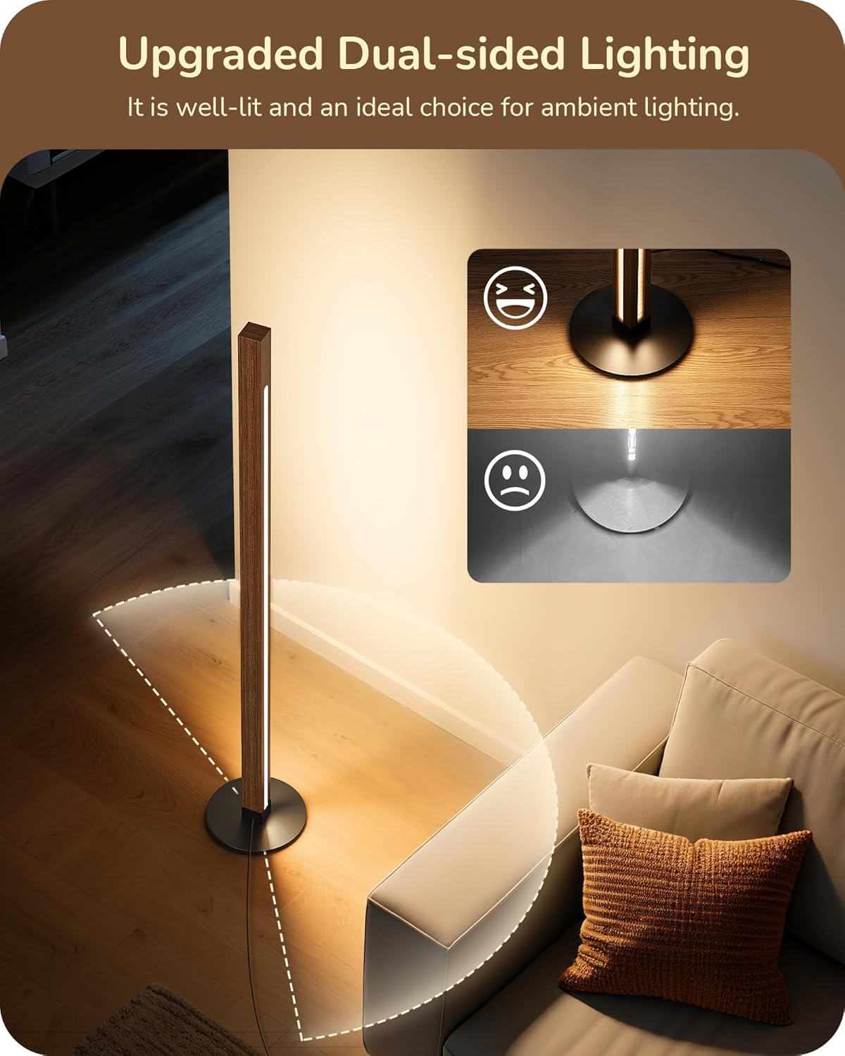 EDISHINE Wood Floor Lamp, Upgraded Dual-Sided Lighting, Minimalist Floor Lamps for Living Room, Corner Floor Lamp with Remote/Foot Control, 7CCT & Dimmable Corner Lamp for Bedroom, Office, Walnut Wood