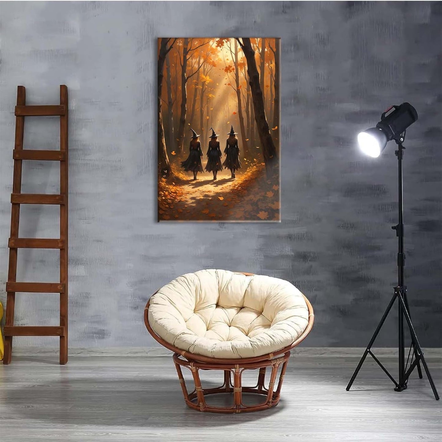 Three witches walking in the forest in autumn canvas painting gothic poster halloween print country witch wall art for home decoration8x12in Wood Framed