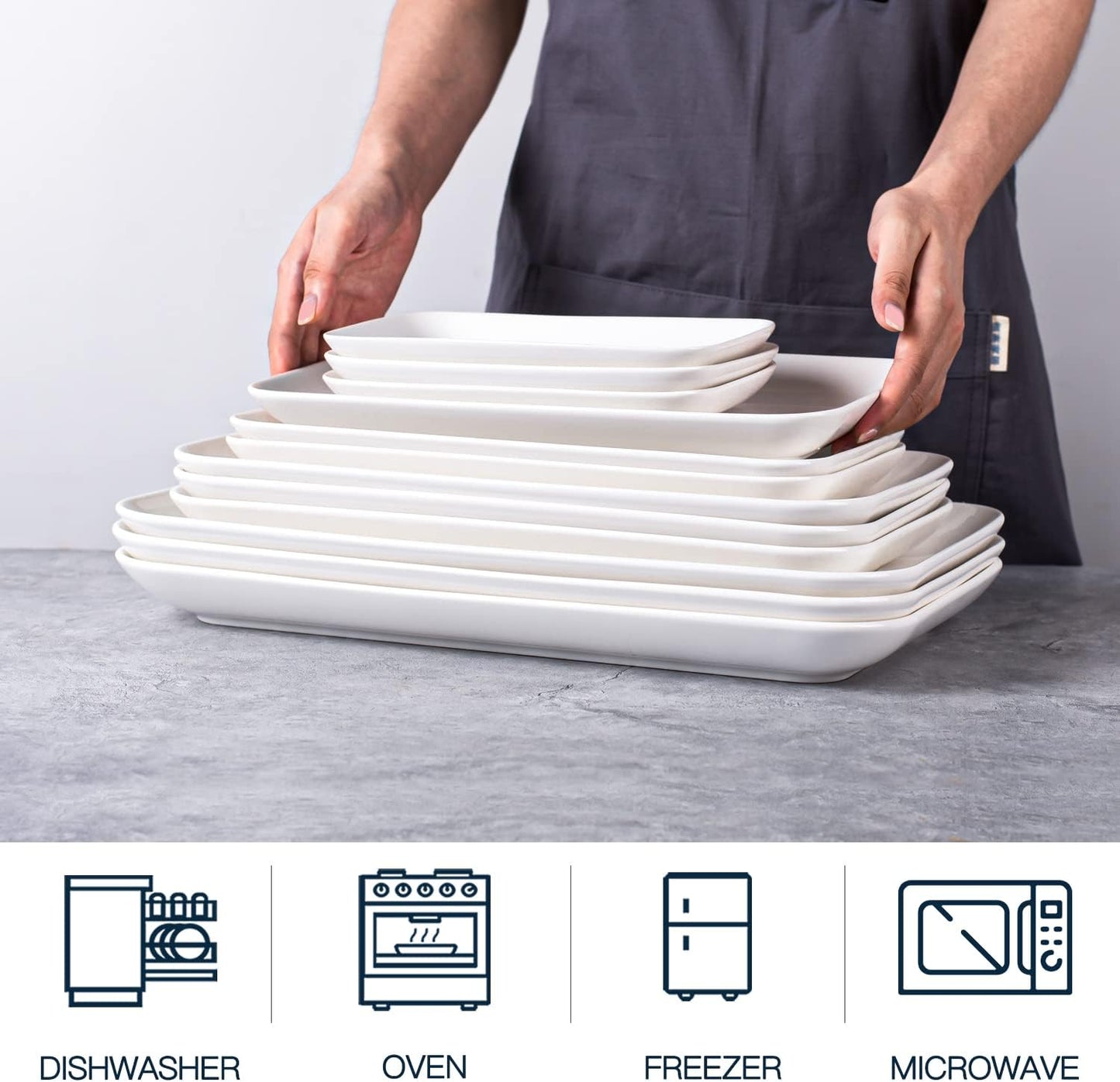 DELLING Large Serving Platter Set 12in White Rectangular Serving Plates/Salad Dish - Big Serving Trays for Parties Meat, Sushi, Dinner Plate Oven Safe Dinnerware Set of 3