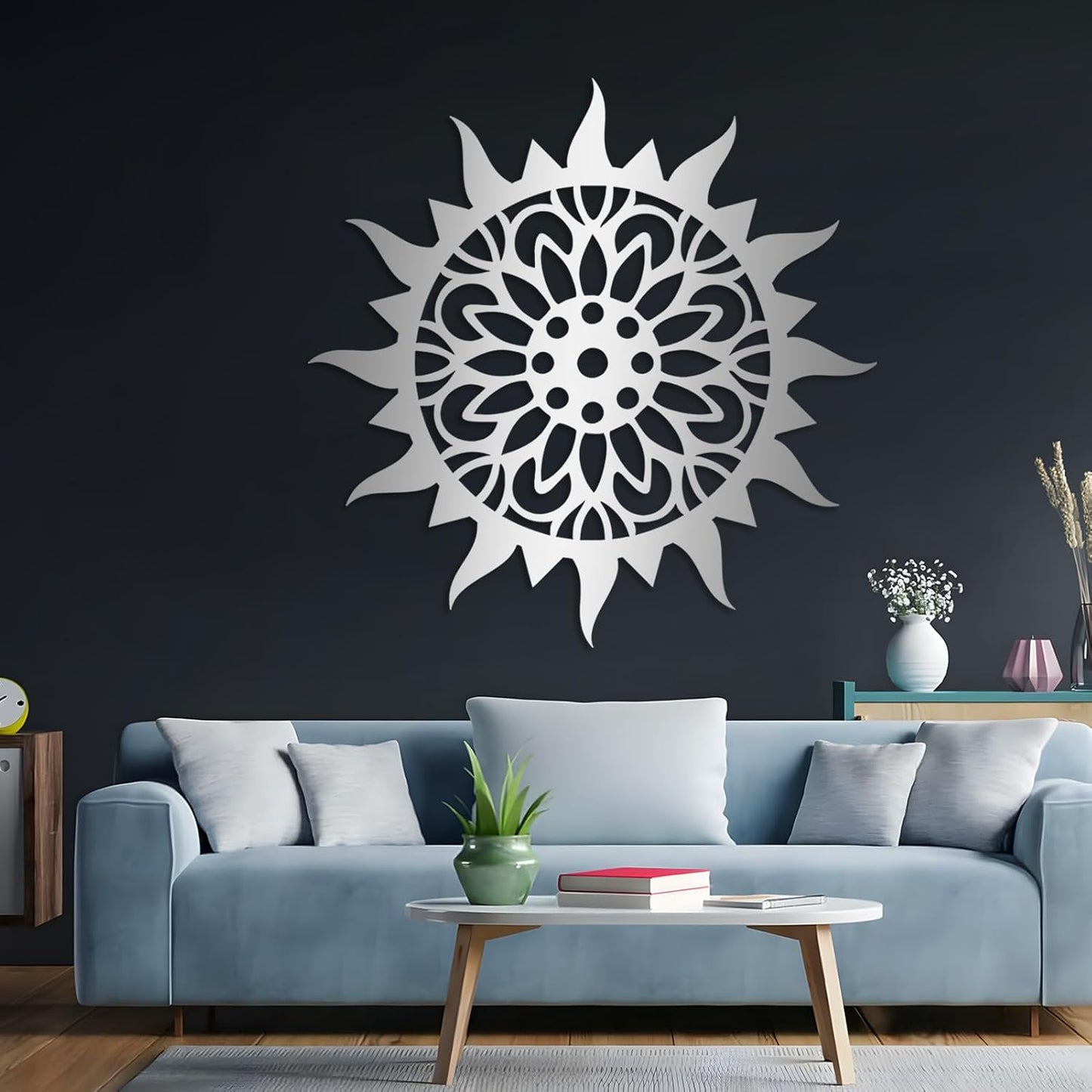 Sunburst Metal Wall Decor, Unique Sun Flower Design, Outdoor & Indoor Wall Art for Living Room, Bedroom, or Patio, Home Decor (Silver, 28"x28"|70x70cm)