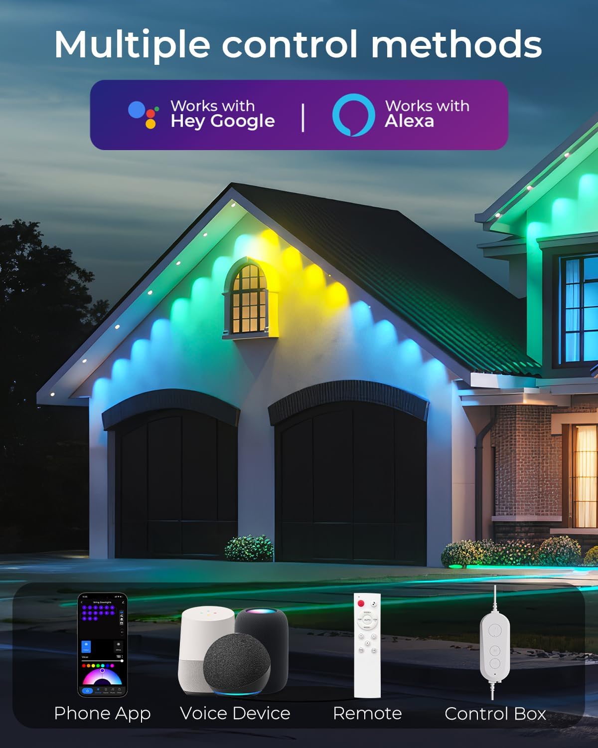 CINOTON Permanent Outdoor Lights 150ft, Smart RGBW Eaves Lights with 108 LEDs, IP67 Waterproof, 111 Scene Mode for Daily and Festival, Halloween Christmas Party Holiday Decor, APP/Voice/Remote Control