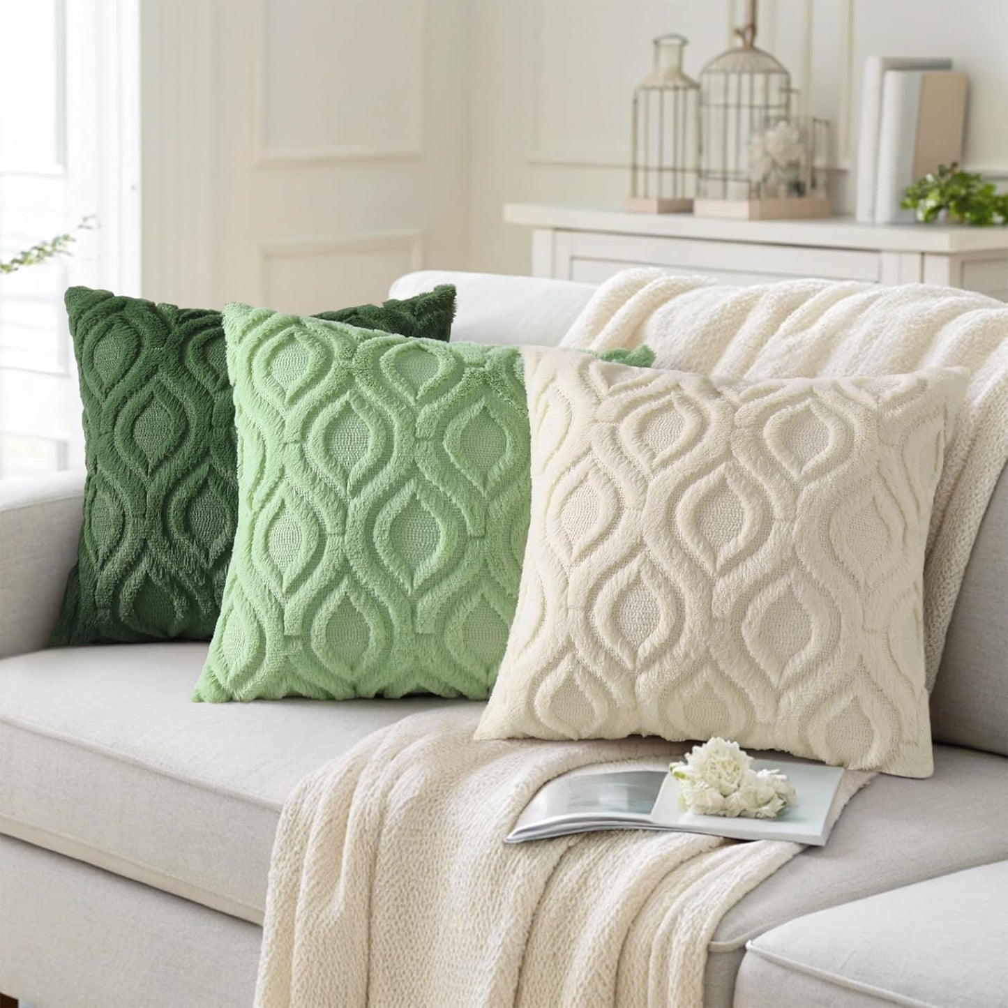 decorUhome Throw Pillow Covers 18x18 Inch Set of 2, Soft Plush Decorative Faux Fur Sage Green Solid Couch Pillow Covers, Accent Farmhouse Neutral Square Euro Pillow Cases for Sofa Bed Living Room