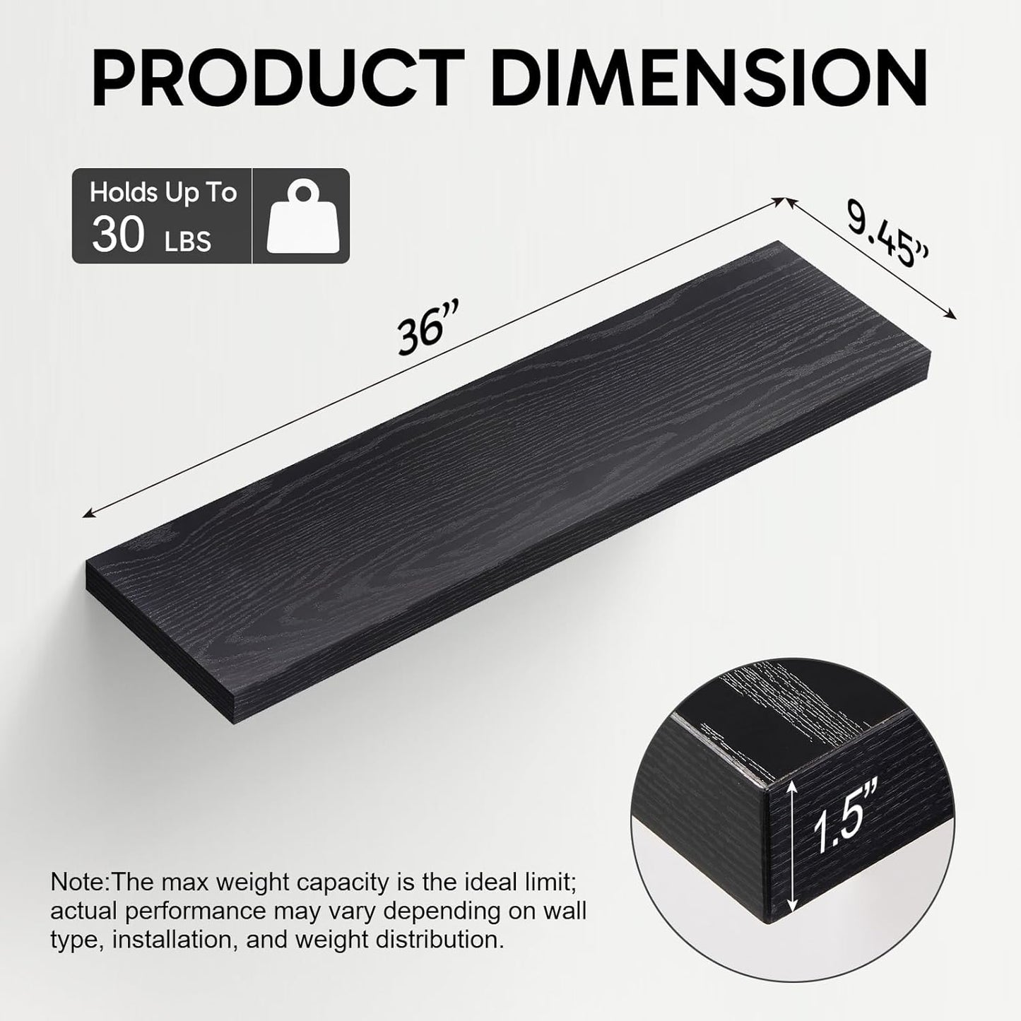 BAYKA Floating Shelves for Wall, 36 inches Long Wall Mounted Rustic Wood Shelves for Bathroom, Bedroom, Living Room, for Books/Storage/Decor with 30lbs Capacity（Black,Set of 3