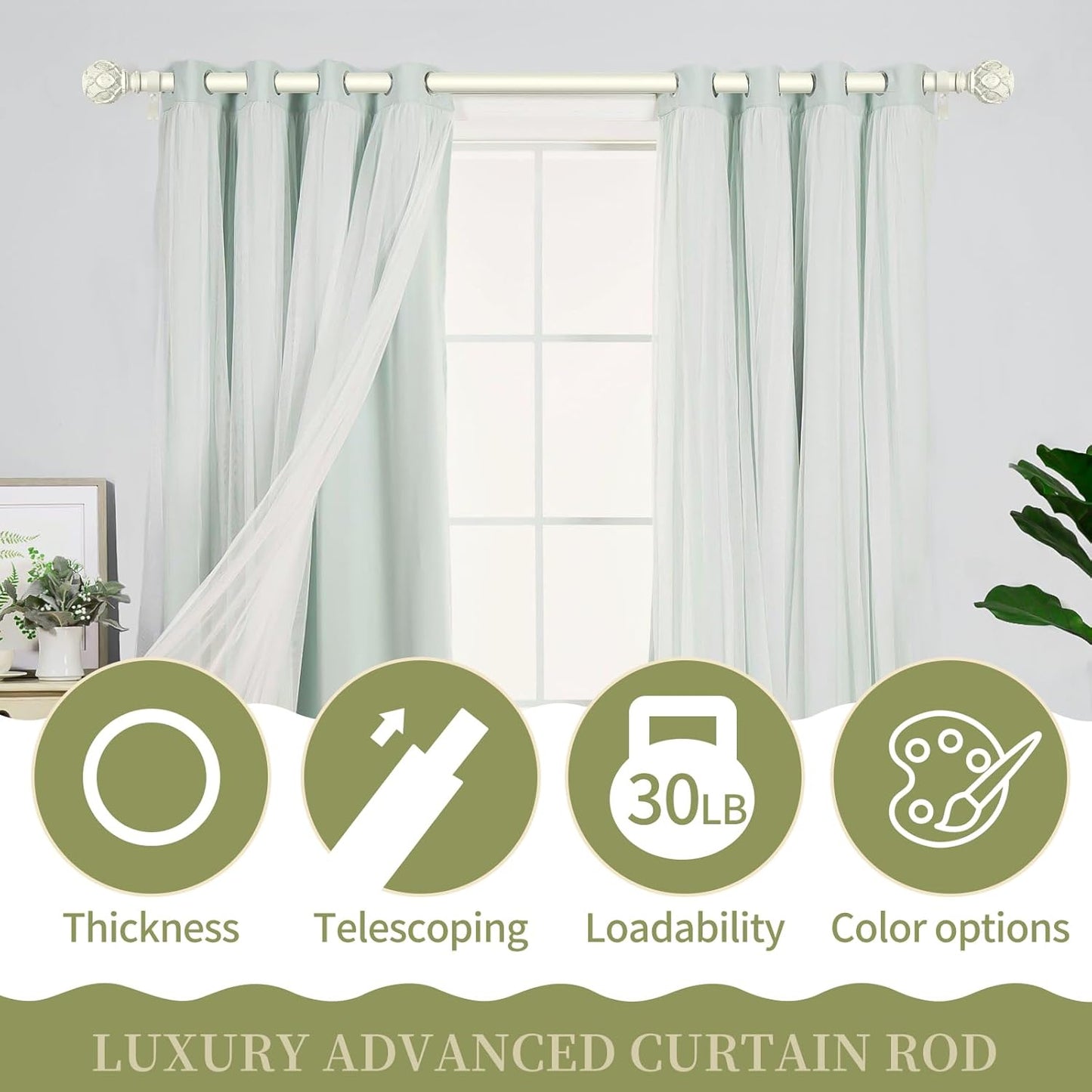 White Farmhouse Curtain Rods for Windows:18-45" Heavy Duty Adjustable Curtain Rod for Bedroom Living Room,Boho Decorative Rustic Drapery Rods with Vintage Coastal Texture Finials,Antique White