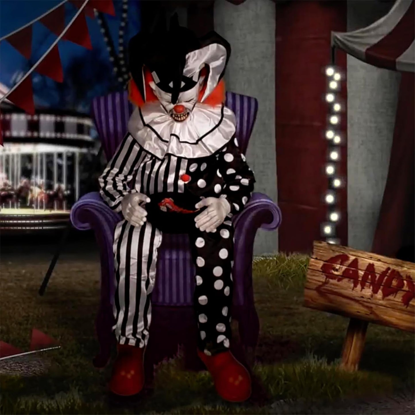 Haunted Hill Farm Hartley The Sitting Scare Clown by Tekky, Motion-Activated Talking Jump-Scare Halloween Animatronic for Halloween Party Prank Decoration, Plug-in or Battery Operated Halloween Props