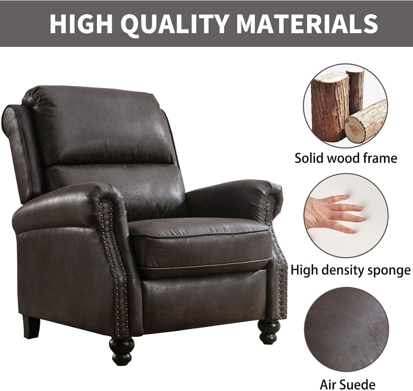 CANMOV Pushback Recliner Chair Set of 2, Faux Leather Armchair Push Back Recliner with Rivet Decoration Single Sofa Accent Chair for Living Room, Dark Grey