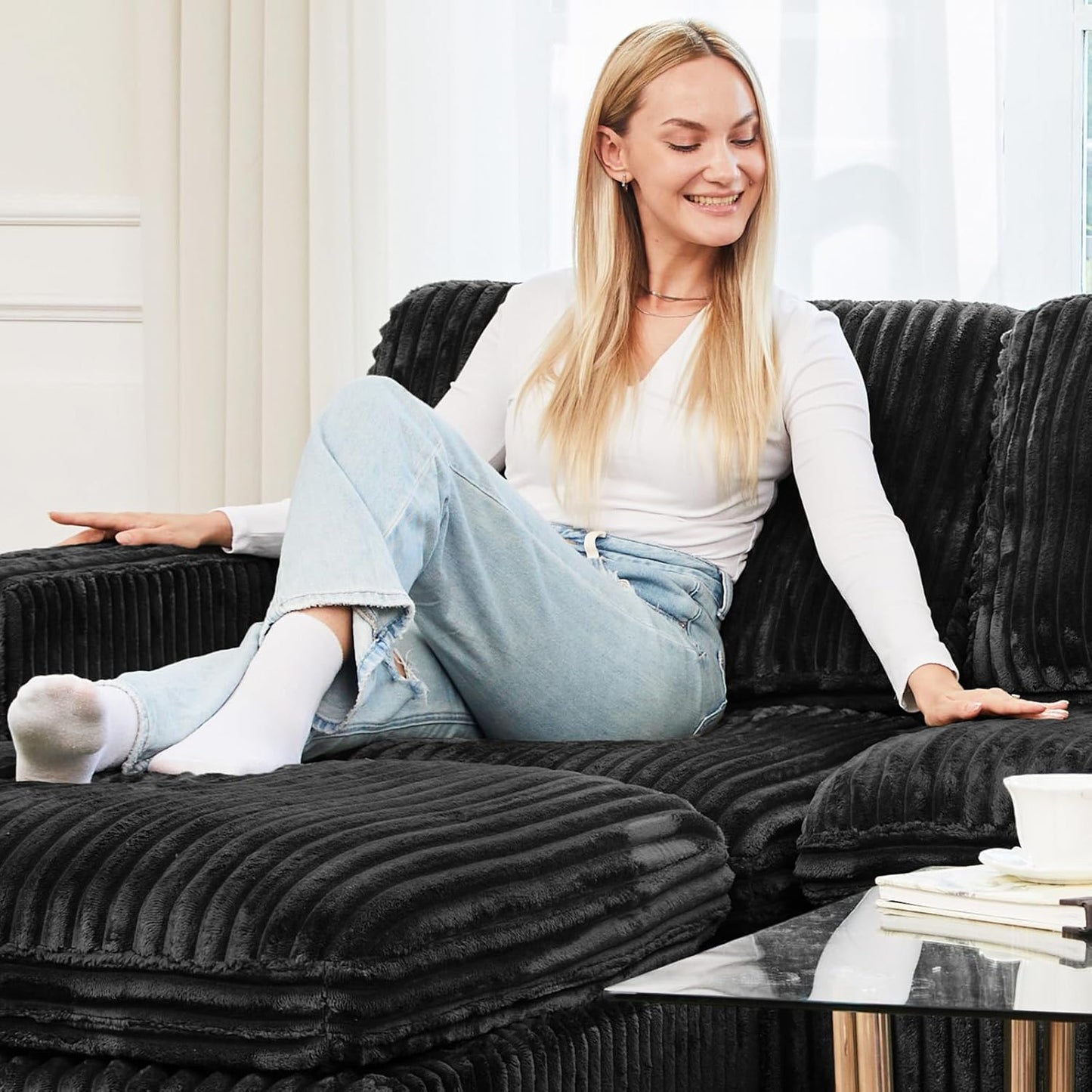 Belffin Modular Sectional Sofa with Storage Ottoman, Oversized Cloud Couch Sectional with Extra Deep Seat, Convertible L Shaped 4 Seater Sectional Couches for Living Room, Plush Corduroy Black
