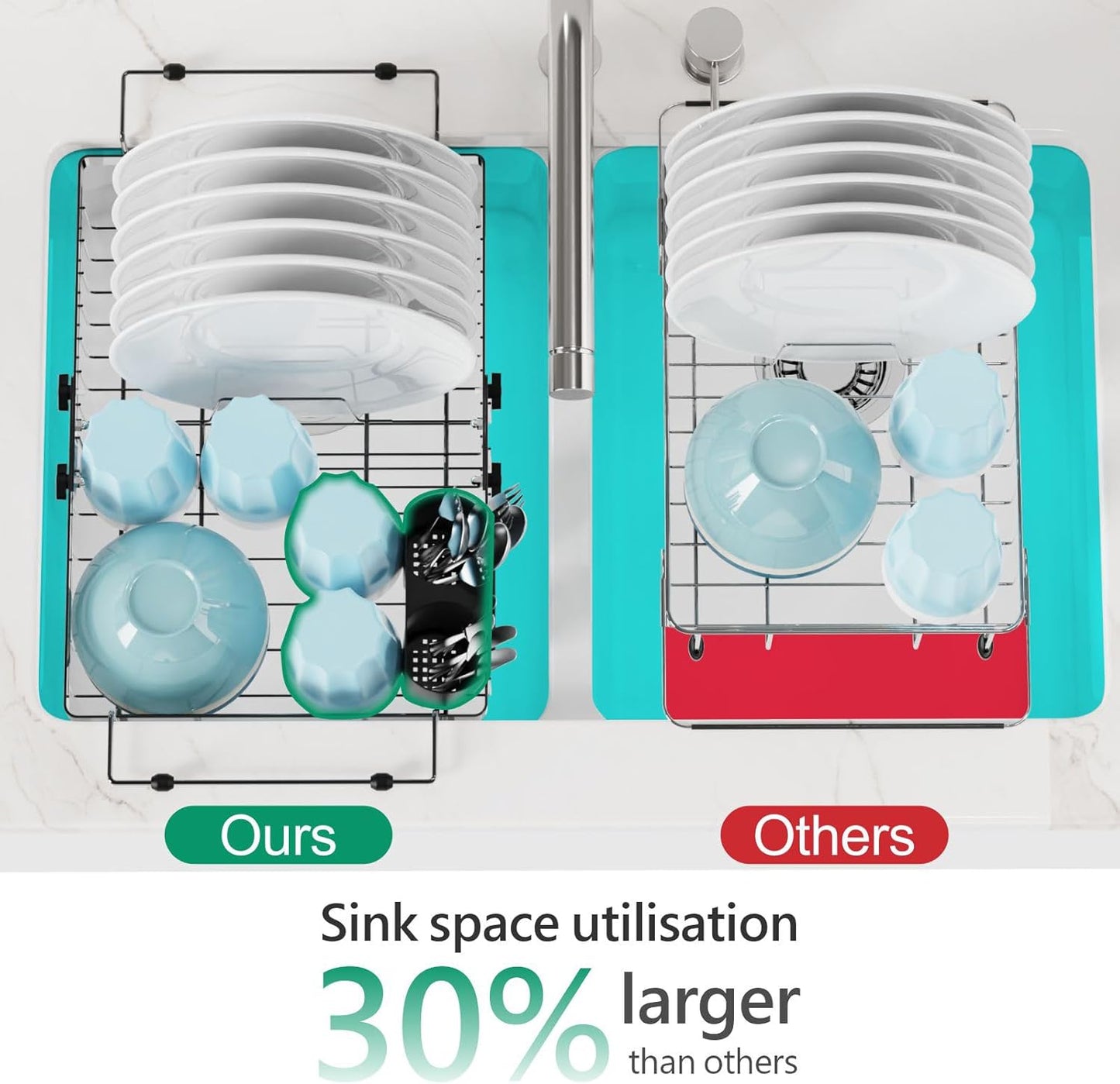 GSlife Stainless Steel Dish Drying Rack - Capacity Expandable in Sink Dish Drainer with Silicone Mat, Over Sink Dish Rack with Utensil Holder for Kitchen Counter, Large Capacity, Silver