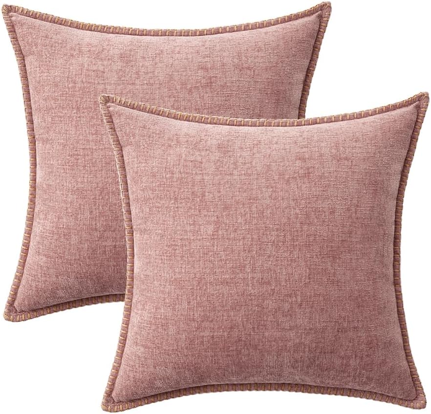 MIULEE Pack of 2 Couch Throw Pillow Covers 24x24 Inch Blush Pink Farmhouse Decorative Pillow Covers with Stitched Edge Soft Chenille Solid Dyed Spring Pillow Covers for Sofa Bed Living Room