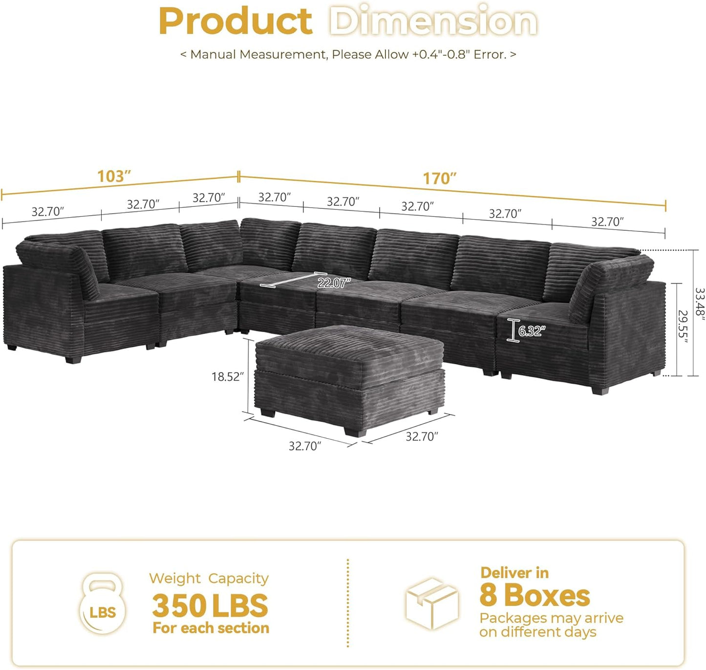 HOOOWOOO Modular Sectional Sofa,8 Pieces Sectional Couches for Living Room,164X66 L Shaped Cloud Couch with Ottoman Chaise Set(Grey Velvet Corduroy)