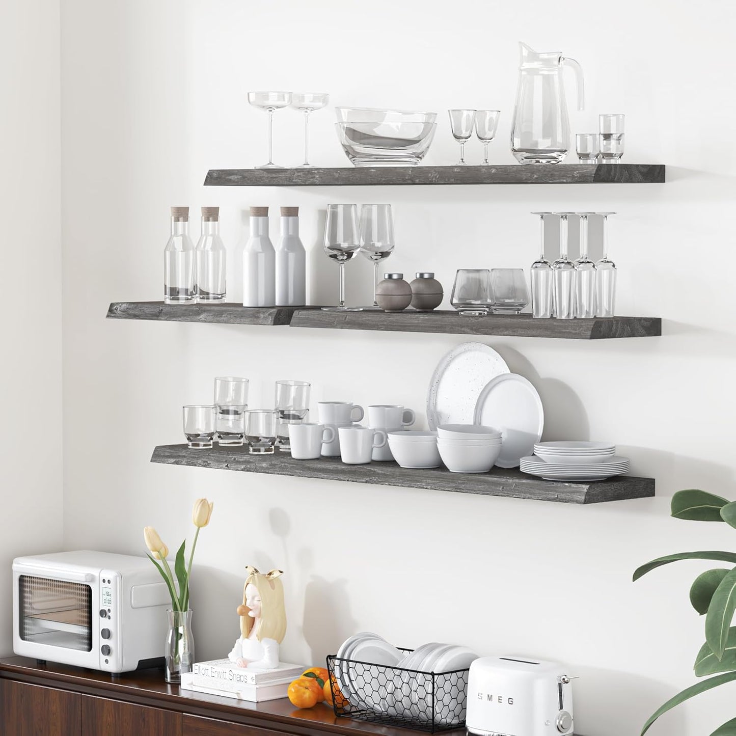Floating Shelves for Wall, 55"x9.3" Rustic Solid Live-Edge Elm Wood Wall Shelves, Heavy-Duty Floating Shelves with Invisible Brackets, Set of 2 for Living Room, Bedroom, and Kitchen, Grey Finish