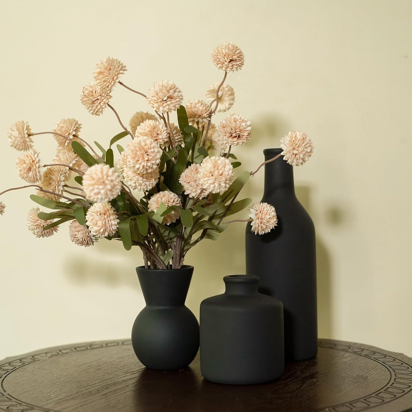 Fake Flowers in Vase for Centerpieces, Faux Flowers in Modern Ceramic Vase Set of 3 with 8 Artificial Autumn Chrysanthemums Home Decor
