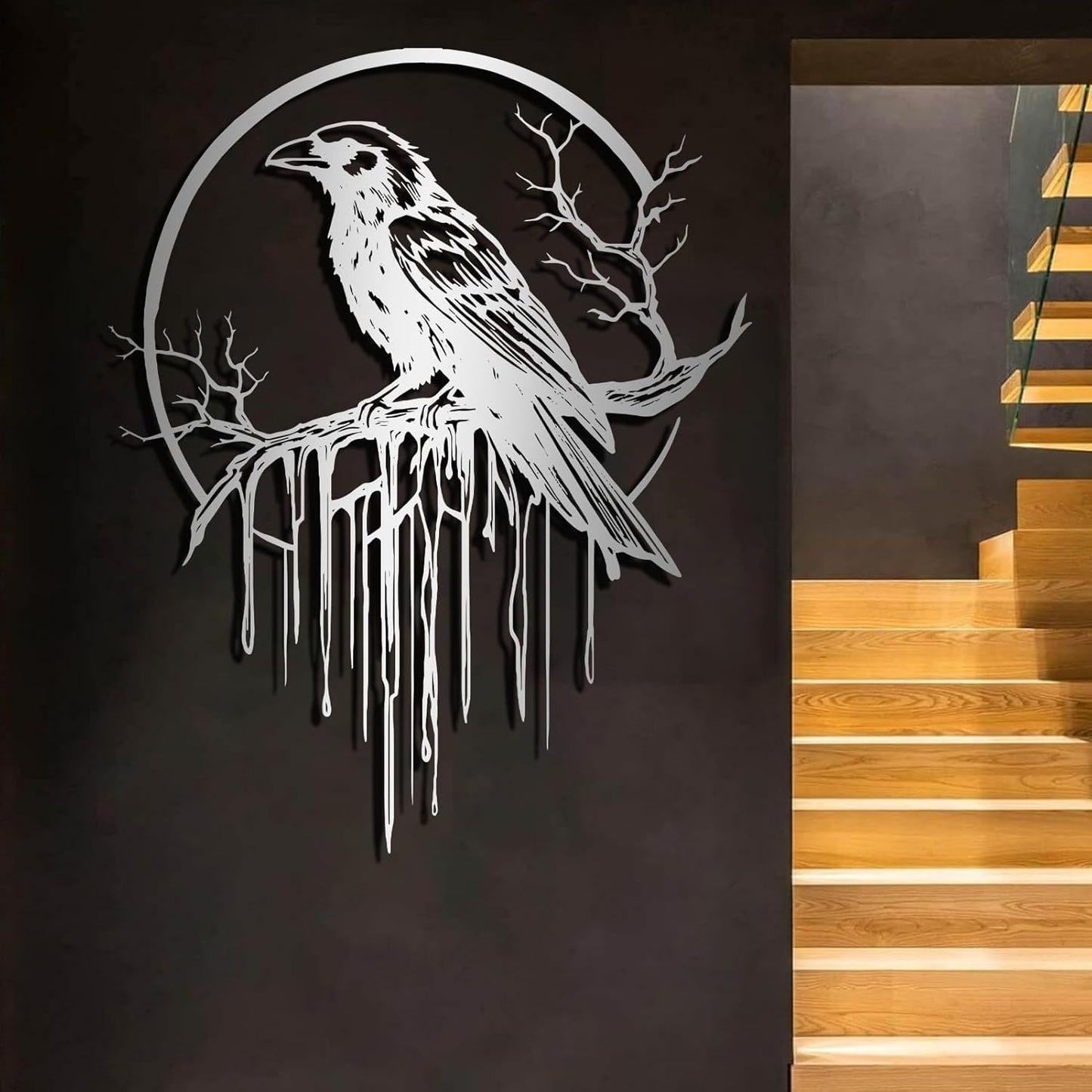 Crow Metal Wall Decor, Raven Wall Art, Large Gothic Raven Decor Hangings, Bird Wall Decor, Metal Tree Branch Decor, Ravens Sign, Raven Art for Living Room (Gold, 24"x19" | 60x48cm, metal wall art)