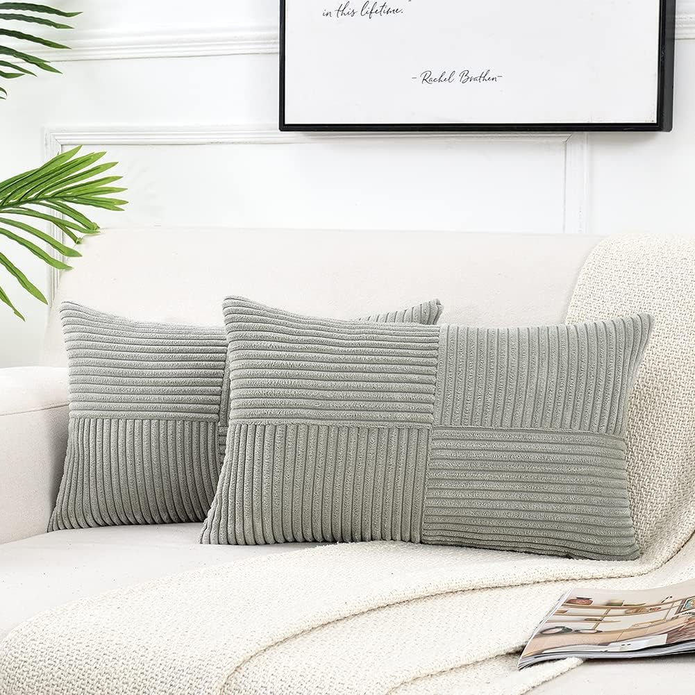 Fancy Homi 2 Packs Grey Lumbar Decorative Throw Pillow Covers 12x20 Inch for Living Room Couch Bed Sofa, Rustic Farmhouse Boho Home Decor, Soft Striped Corduroy Rectangle Accent Cushion Case 30x50 cm