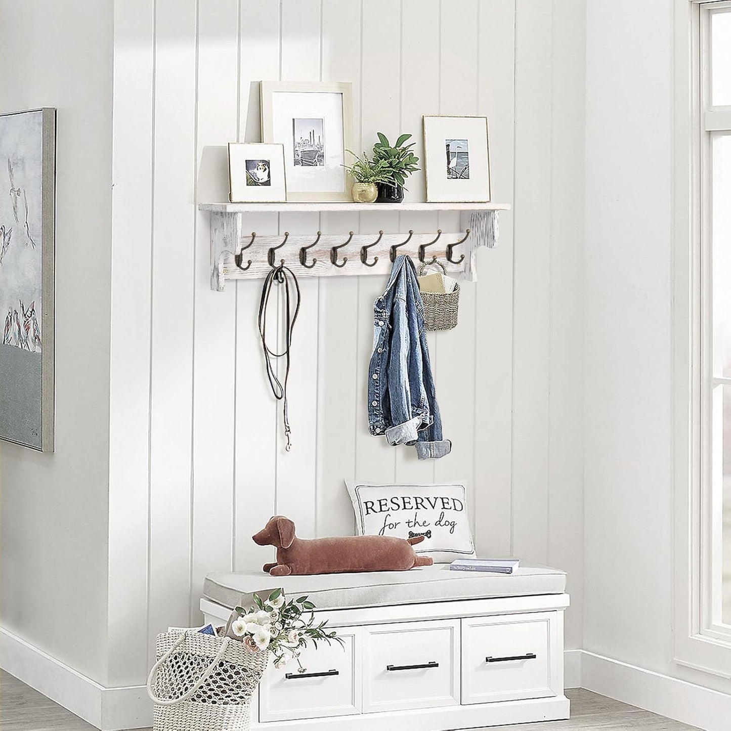 BECHAEO 35.8'' Wood Coat Rack Wall Mount with Shelf, White Wall Coat Rack with Hooks, Farmhouse Rustic Coat Hooks for Entryway Bathroom Hallway Kitchen Bedroom